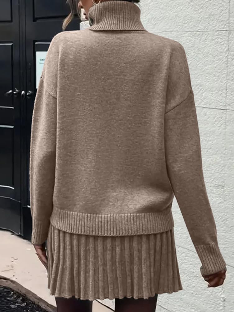 shownicer Strickanzug Zweiteiliger Damen Rollkragen Pullover und Mini Strickrock 2 Stück Set Warm Einfarbig Anzug