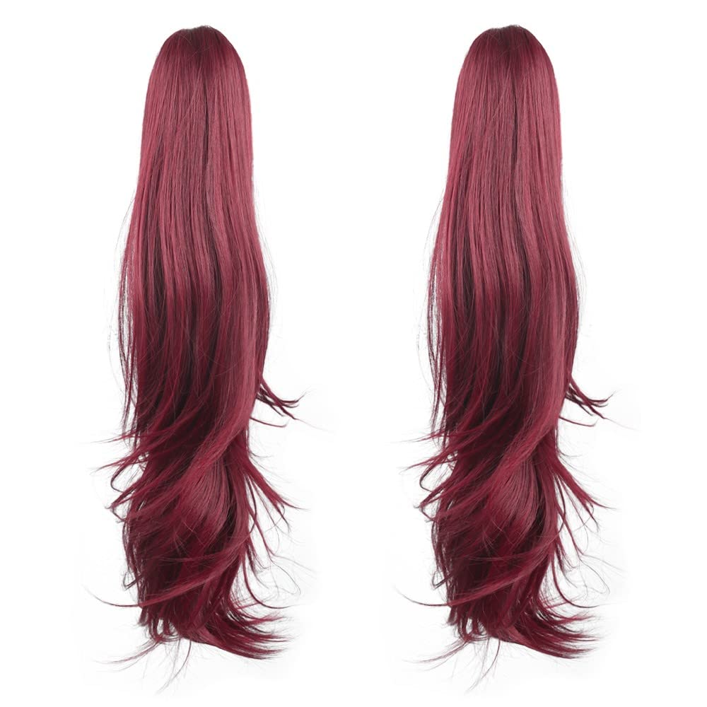 HSPJHTM Ponytail Extensions,2 PCS Burgundy Ponytail Extension for Women 24" Synthetic Hair Clip in Pony Tail Halloween Fluffy Hairpiece for Daily Use