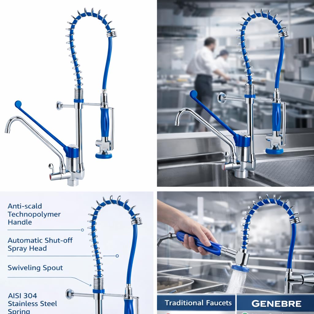 Genebre - Grifo Columna Prelavado Profesional 1803 04 | Grifo Industrial Monomando con Ducha Extraíble y Maneta Médica | Cocina Profesional, Hostelería, AISI 304 Inoxidable