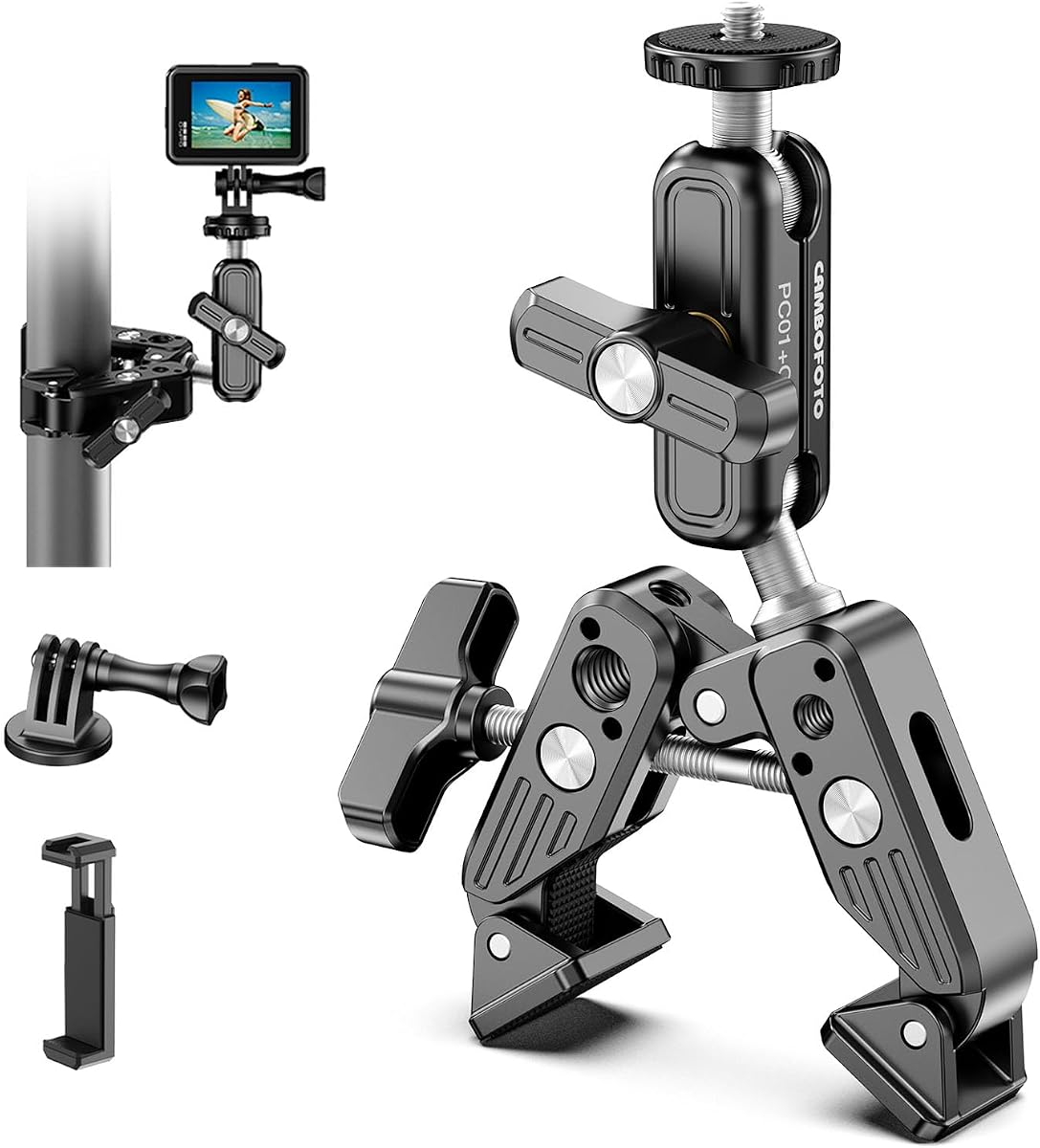 CAMBOFOTO Super Clamp Camera Clamp Mount, 360° Dual Ball Head Magic Arm | Action Camera Adapter & Phone Holder Included, 1/4" & 3/8" Threads for DSLR/GoPro/Lights/Insta360/Tripod/Desk/Handlebar/Pole
