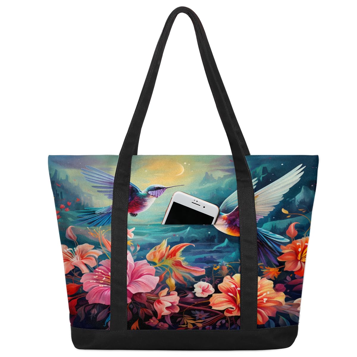 MKAHYS Classic Canvas Tote Bag Large Reusable Hummingbird Flowers Shopping Bag for Women Men Cotton Grocery Bag with Long Handles for Work School