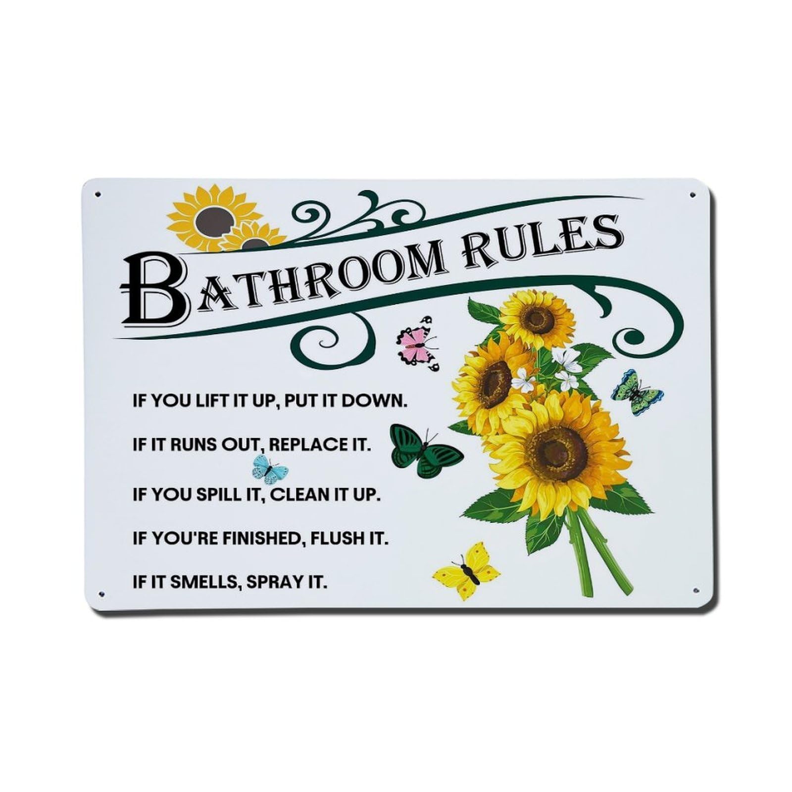 Jdfenggu Vintage Bathroom Rules Sunflower Butterfly Print Retro Metal Tin Sign, Metal Poster For Bar, Home, Man Cave, Kitchen, Laundry Room Art Decor 8X12 Inch
