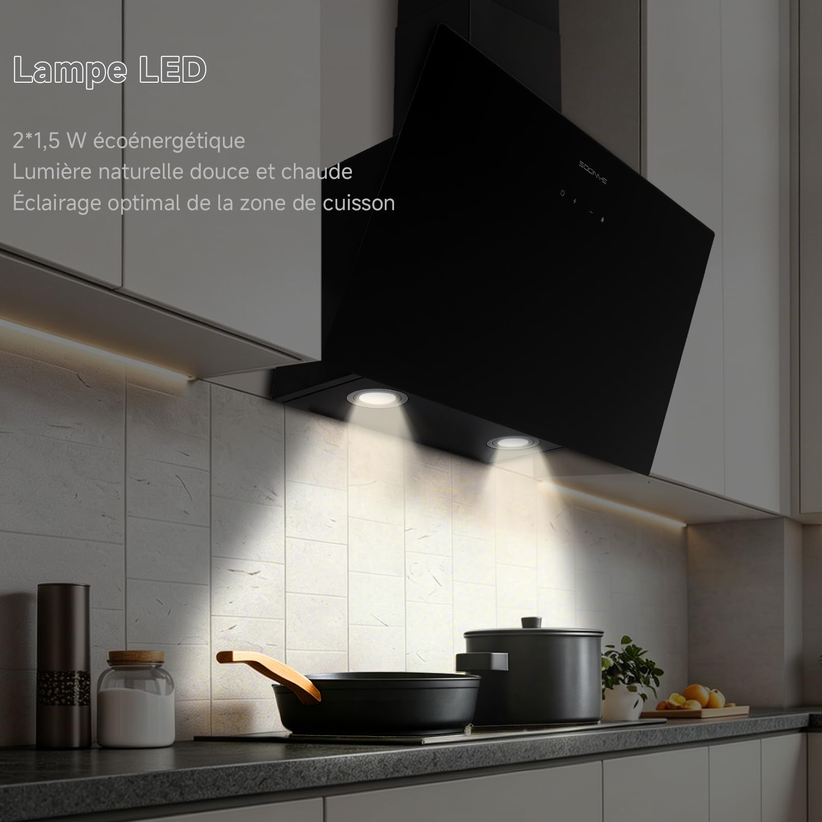 Hotte Aspirante Inclinée 60cm Classe A+++, Hotte de Cuisine 380m³/h, Écran Tactile LED,Filtres à Charbon Inclus,Hotte Murale Évacuation extérieure ou Recyclage,Noir