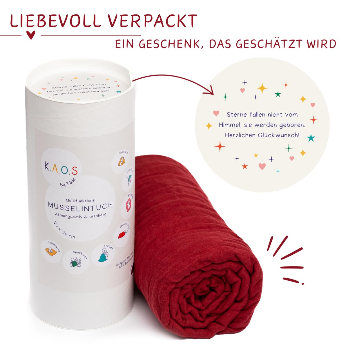 K.A.O.S by T&M Premium Musselin Babydecke/Kuscheldecke/Musselintuch in Rot - Rotes Handtuch Geburt - 120x120 cm - 6-lagig - 100% Baumwolle - Geschenk zur Geburt Junge Mädchen