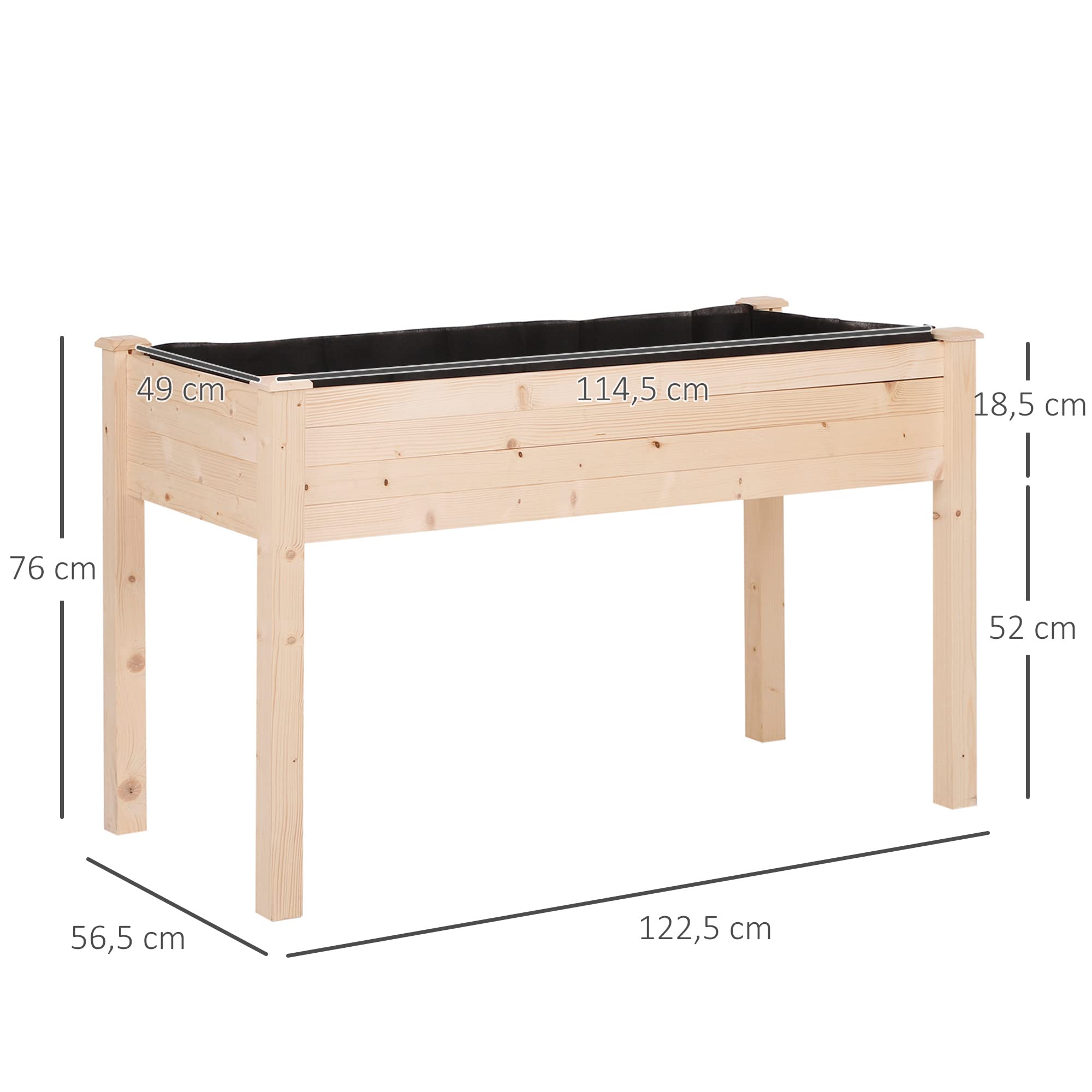 Outsunny Huerto Urbano Elevado de Madera, Mesa de Cultivo con Tela no Tejida y 4 Orificios de Drenaje, para Cultivo, Plantas, Flores y Verduras, 122,5x56,5x76 cm, Natural