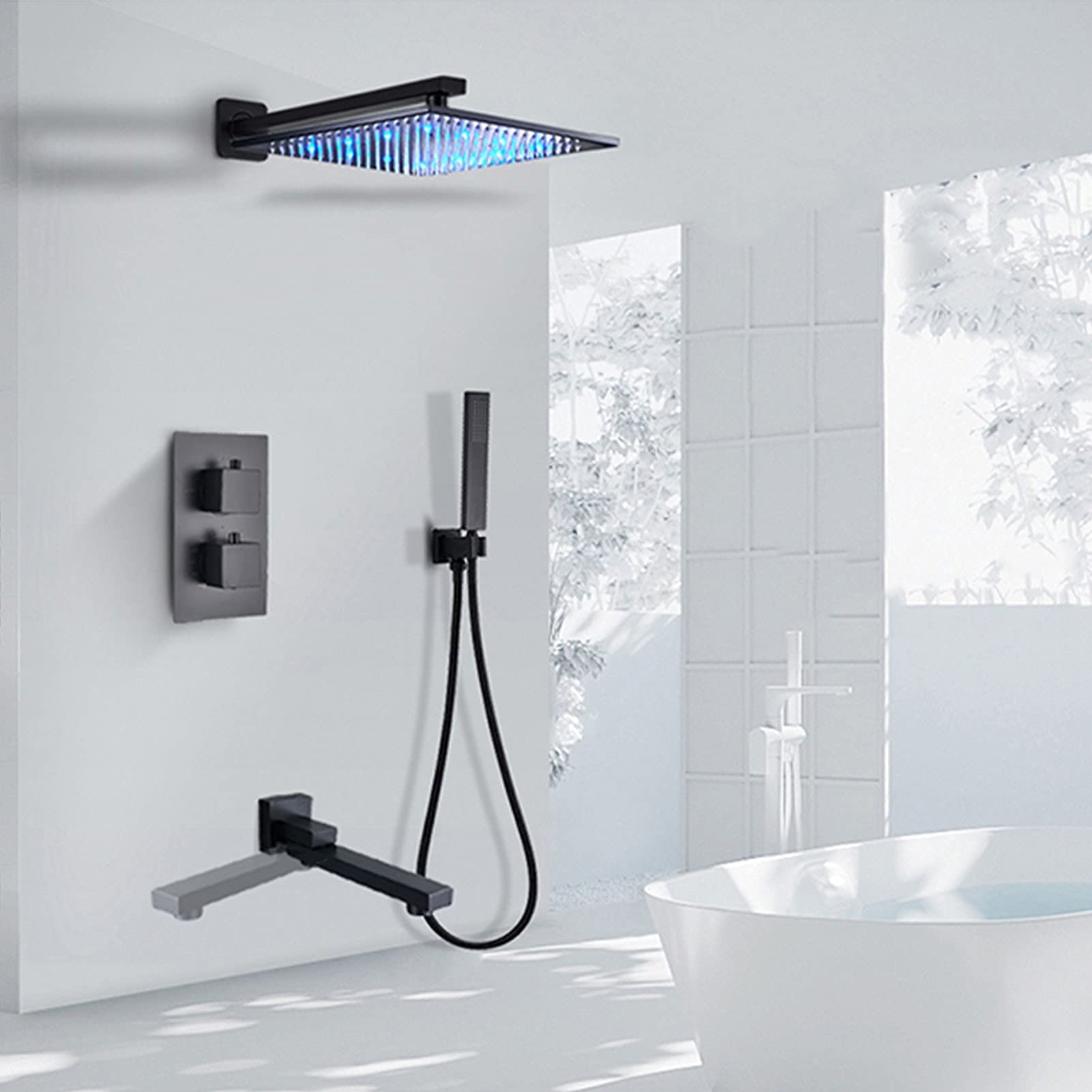 Termostatyczny system prysznicowy, matowa czerń, deszczownica LED z prysznicem ręcznym, zestaw ściennych baterii wannowych, bateria mieszająca do natrysku łazienkowe,8inch