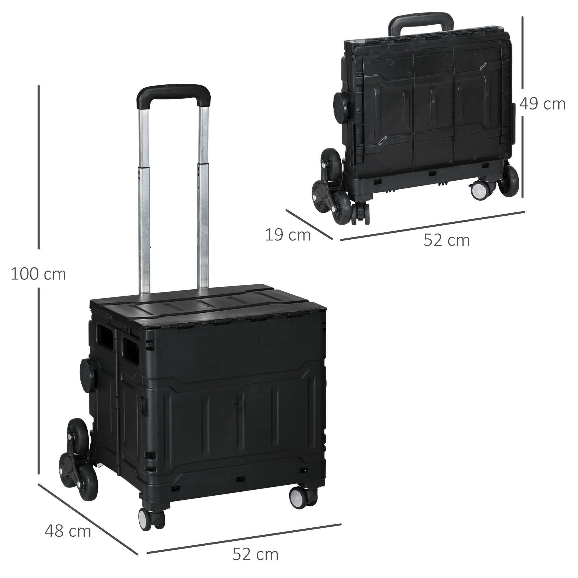 HOMCOM Wózek zakupowy składany, do schodów, 52x48x100 cm, czarny | Z kółkami, pokrywą, teleskopowym uchwytem, wózek na zakupy, do 80 kg, 51L kosz, z aluminium
