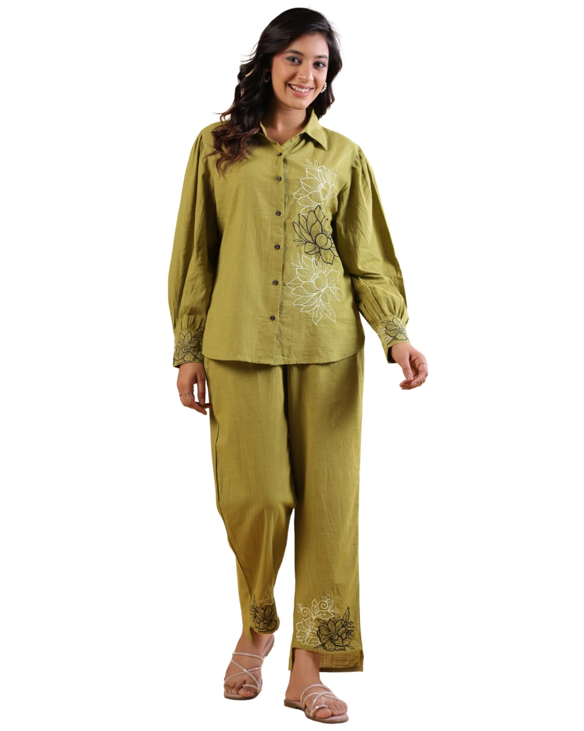 Women Pure Cotton Embroidered Co-Ord Set | Floral Embroidered Shirt & Trouser Set | Full Sleeve Casual Coord Set | Olive Green-image-23