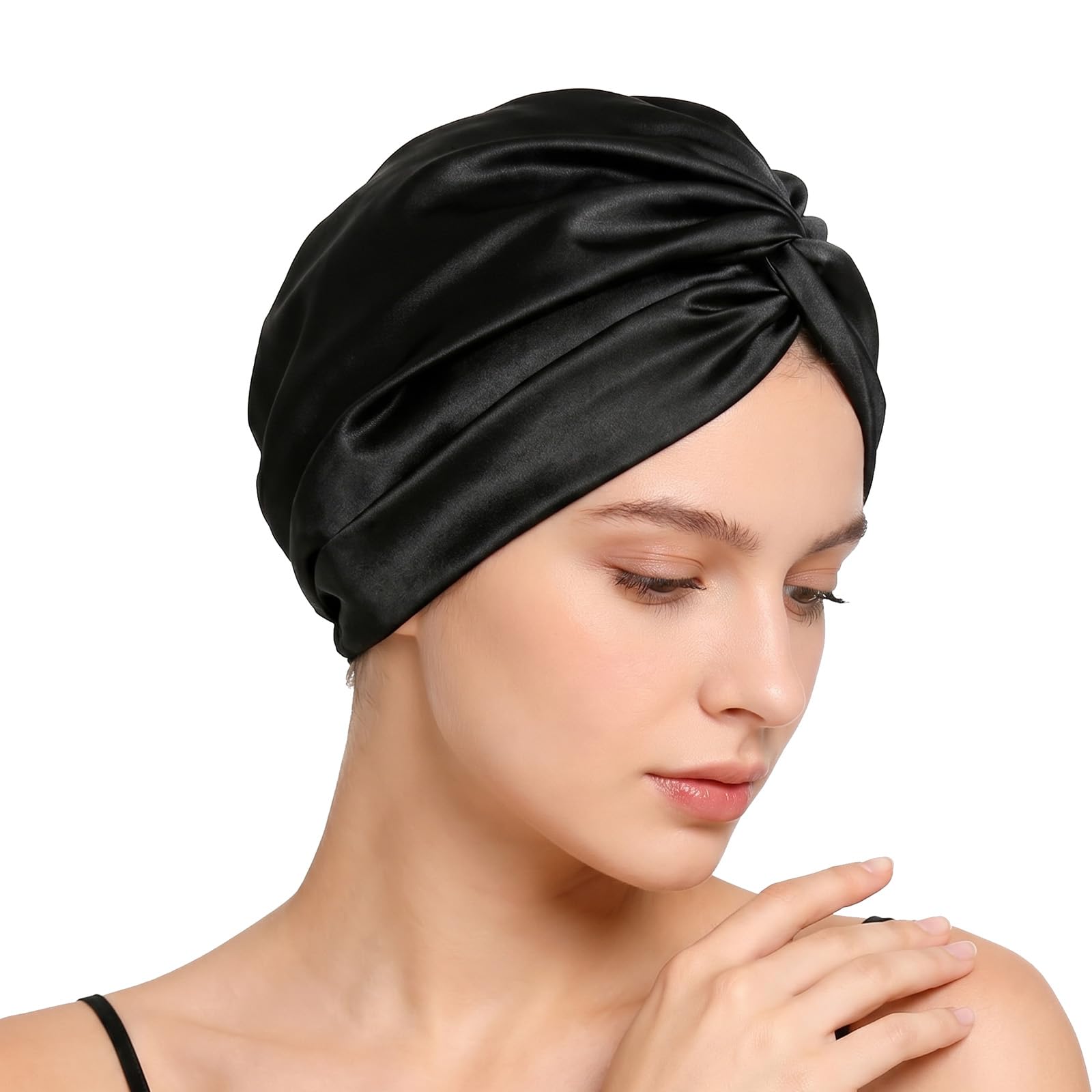 Cuffia per la Notte in Satin Nero – Cuffia in Tessuto Setoso Satinato, Traspirante, con Bordo Morbido ed Elastico, Taglia Unica, Lavabile, per Tutti i Tipi di Capelli