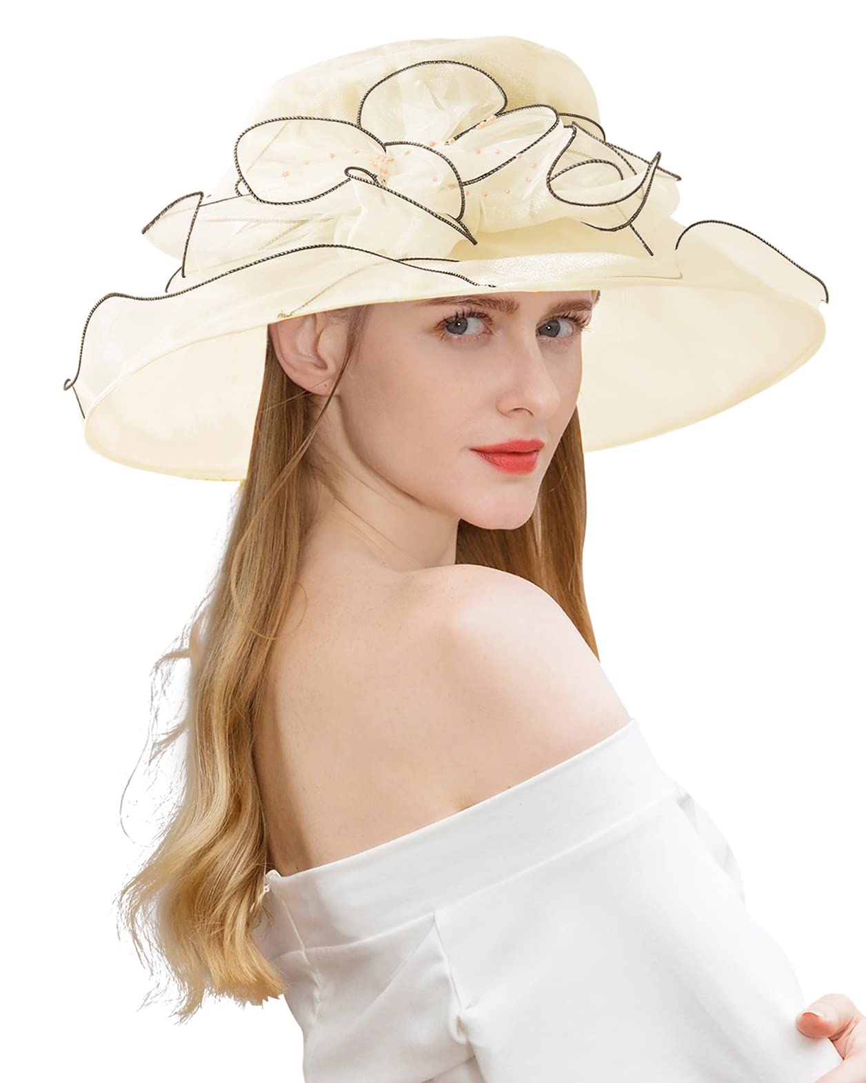 ELLYDOOR Kentucky Derby Hat Women Organza Fascinator Church Hat Bridal Wedding Tea Party Hat Wide Brim Sun Hat, #09 Beige, One Size