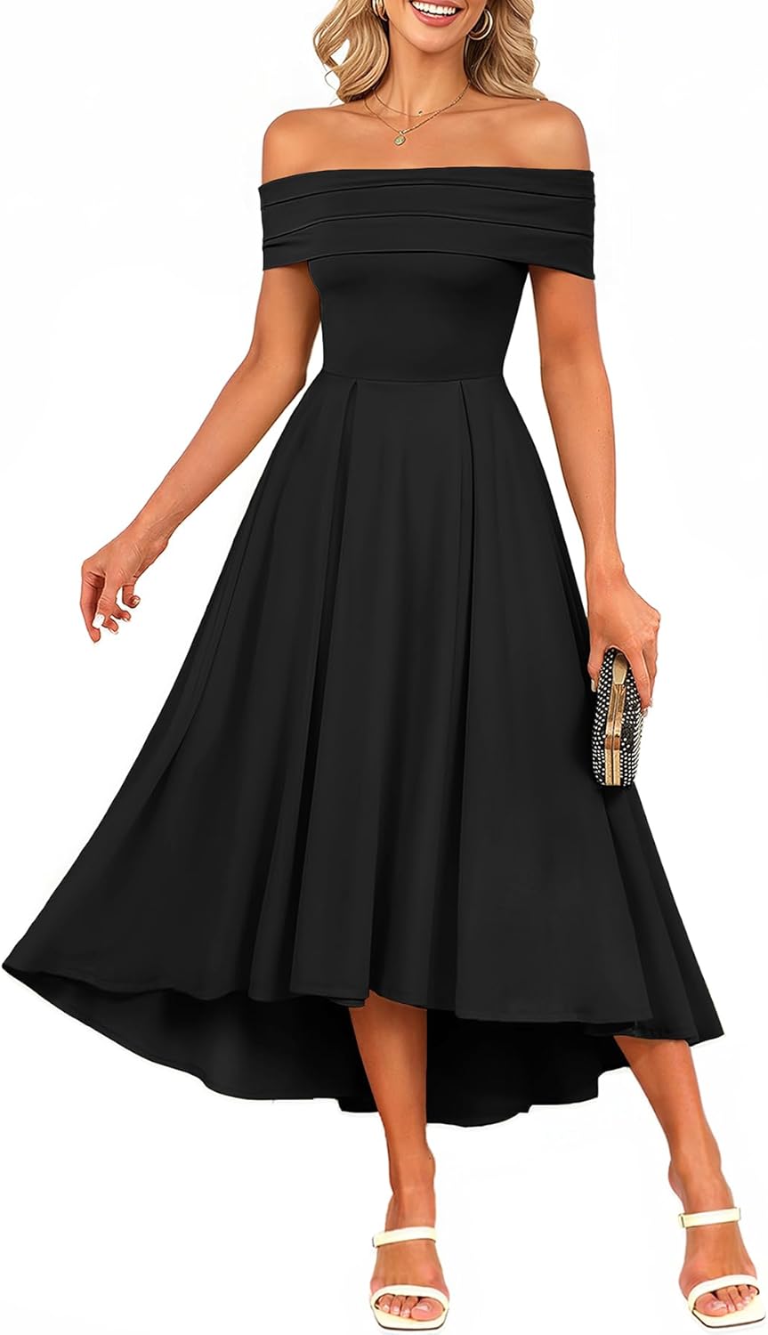 Pinup Fashion Women's Wedding Guest Formal Dress - Off Shoulder Cocktail Party High Low A Line Midi Dresses