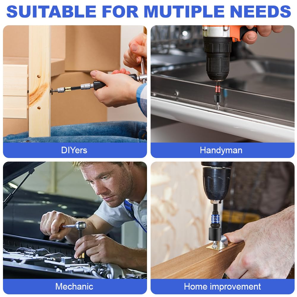 3 Piece Impact Socket Adapter Set, 1/4-Inch Hex Shank, Chrome Vanadium Steel Drill Extension Bar, Includes 1/4in, 3/8in, and 1/2in Drive Socket Adapters with Storage Holder - 4