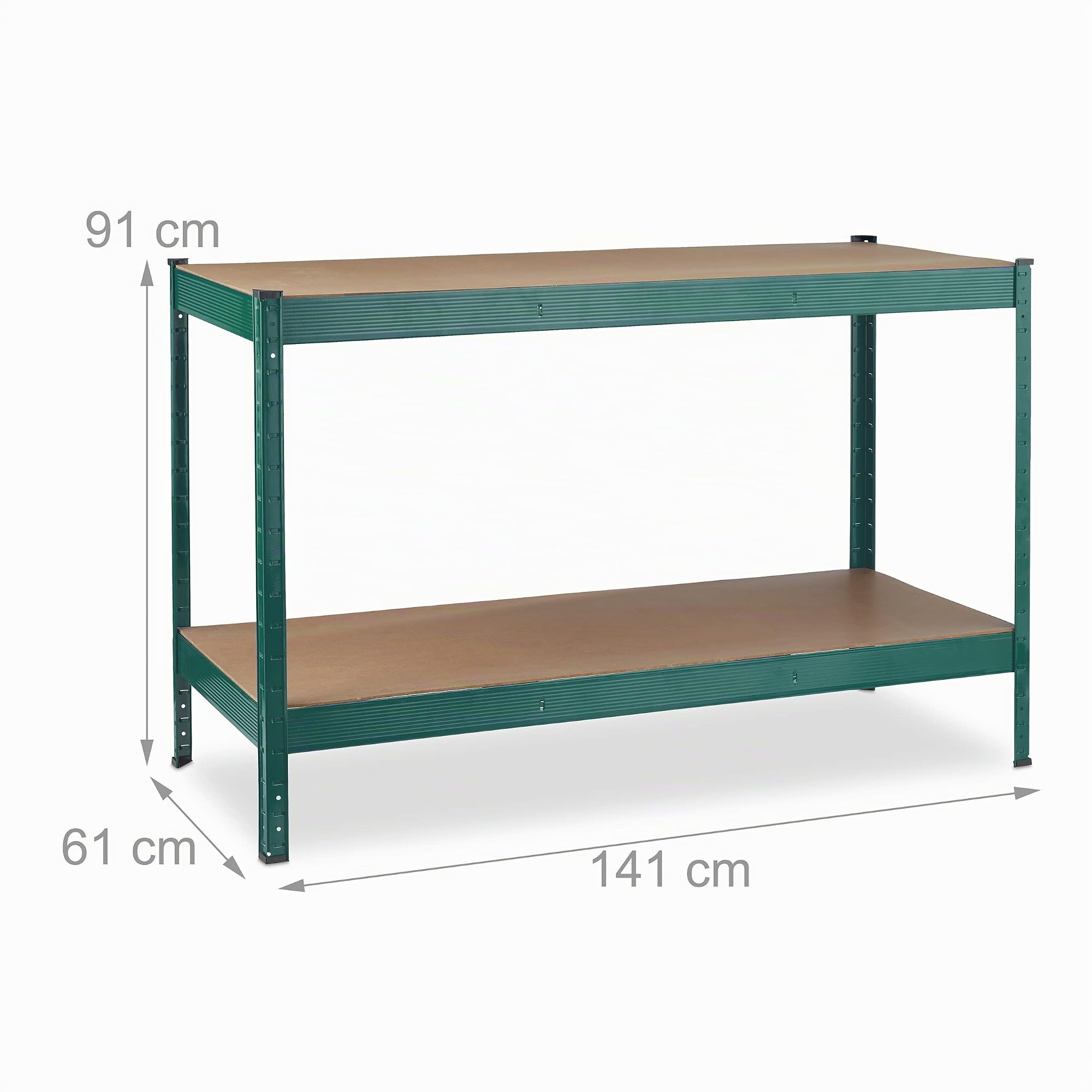 Relaxdays Banco da Lavoro Officina, Tavolo da Garage, 2 Scaffali, Altezza Regolabile, Acciaio e MDF, 91x141x61 cm, Verde