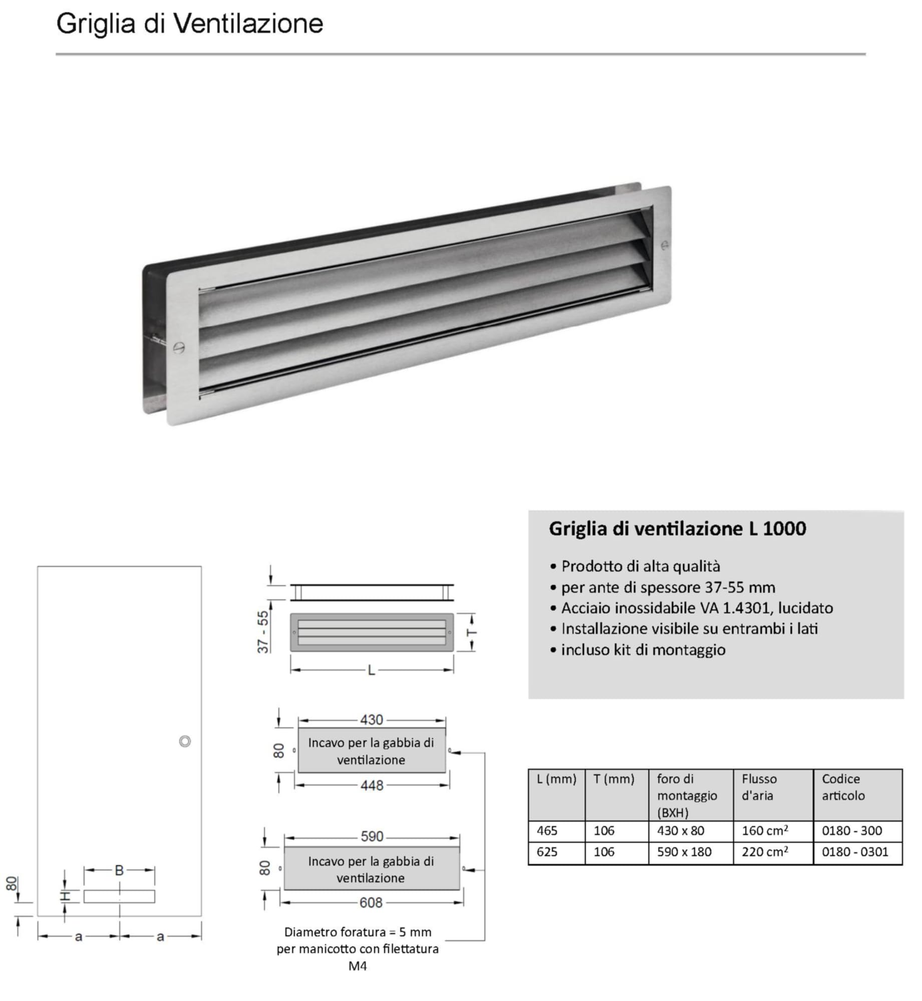 MLS Griglia di Ventilazione L 1000, Acciaio Inox, 625 x 106 mm | per Porte di 37-55 mm di Spessore, Griglia Rettangolare Comprensiva di Materiale di Fissaggio, Ventilazione per Porte