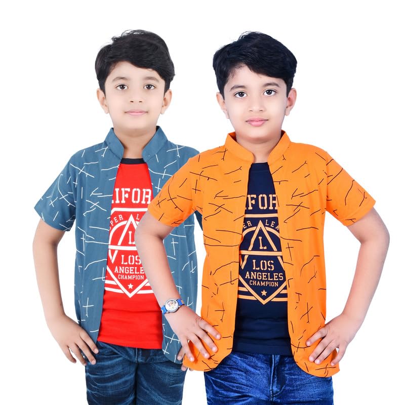 Image of Jam & Sugar Boys Cotton Printed T-Shirt with Attached Shrug Jacket - Half Sleeves