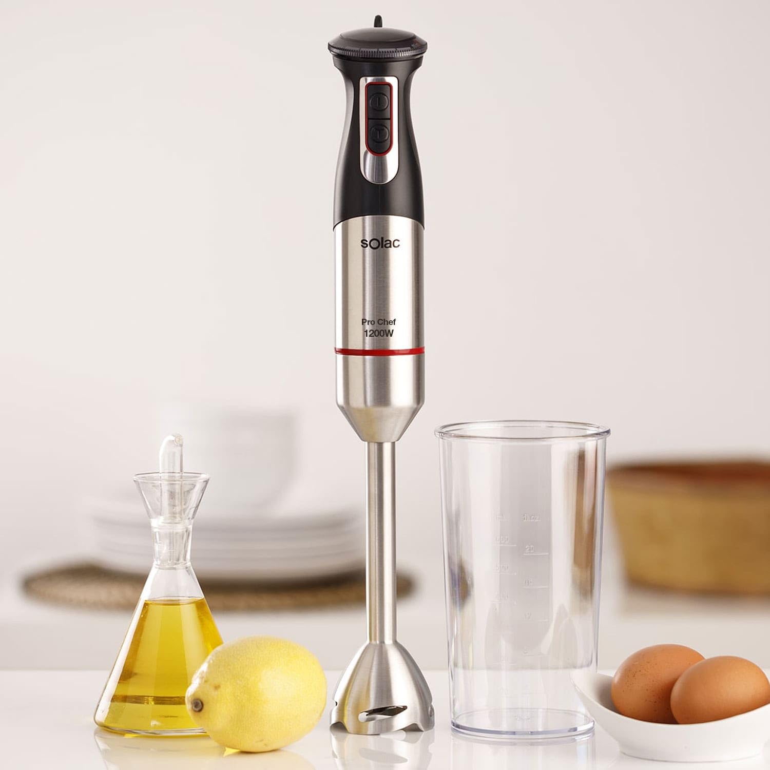 SOLAC ProChef 1200 - Batidora de mano y accesorios 1200 W - Funcin turbo - Cuchilla y pie de acero inoxidable - Gris, negro y rojo