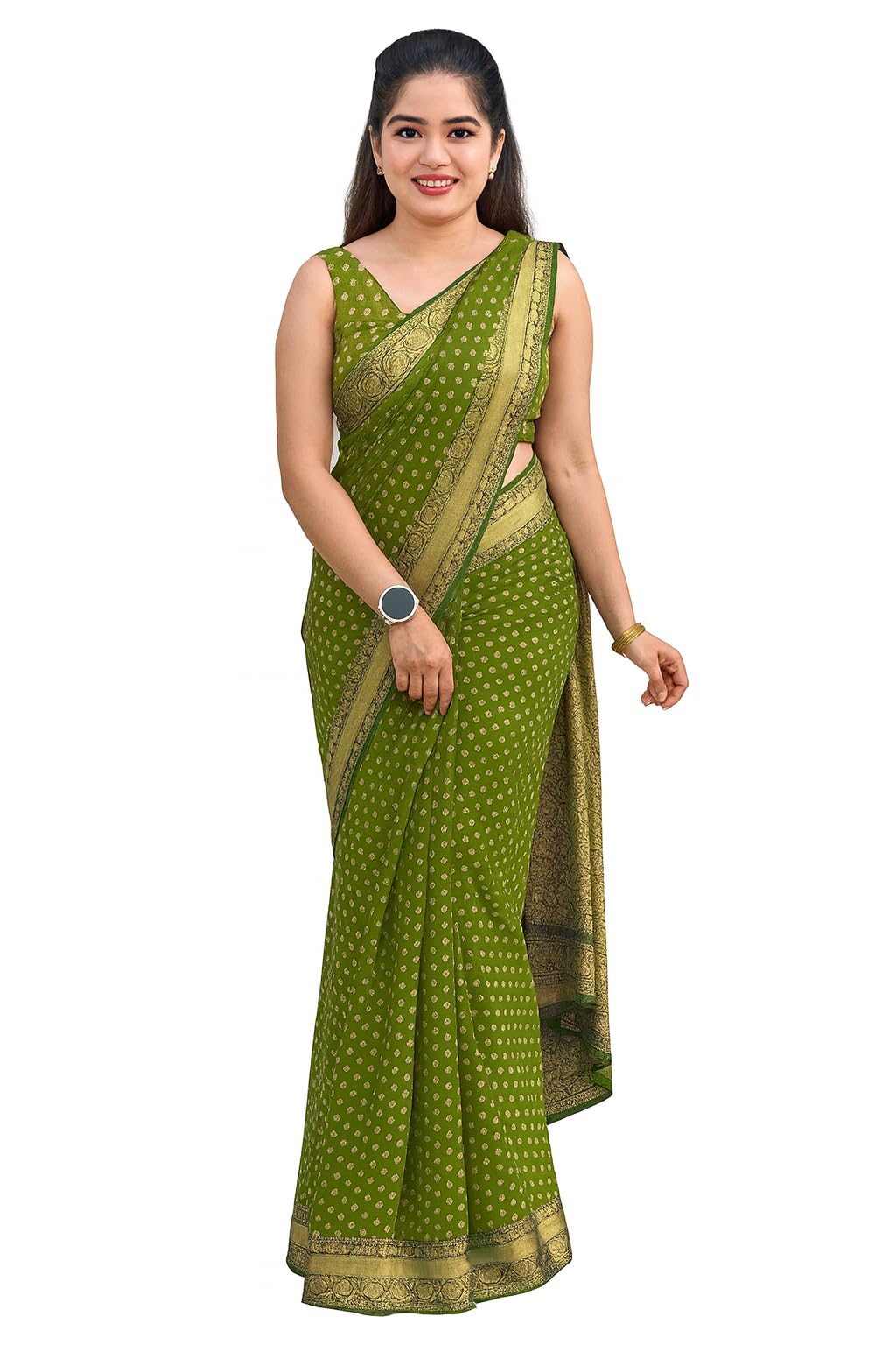 shasmi Women's Mehndi Printed, Embroidered, Embellished Bandhani Georgette Party Sari collections With Blouse Piece for Wedding sadi (PARI-236)-picture-13