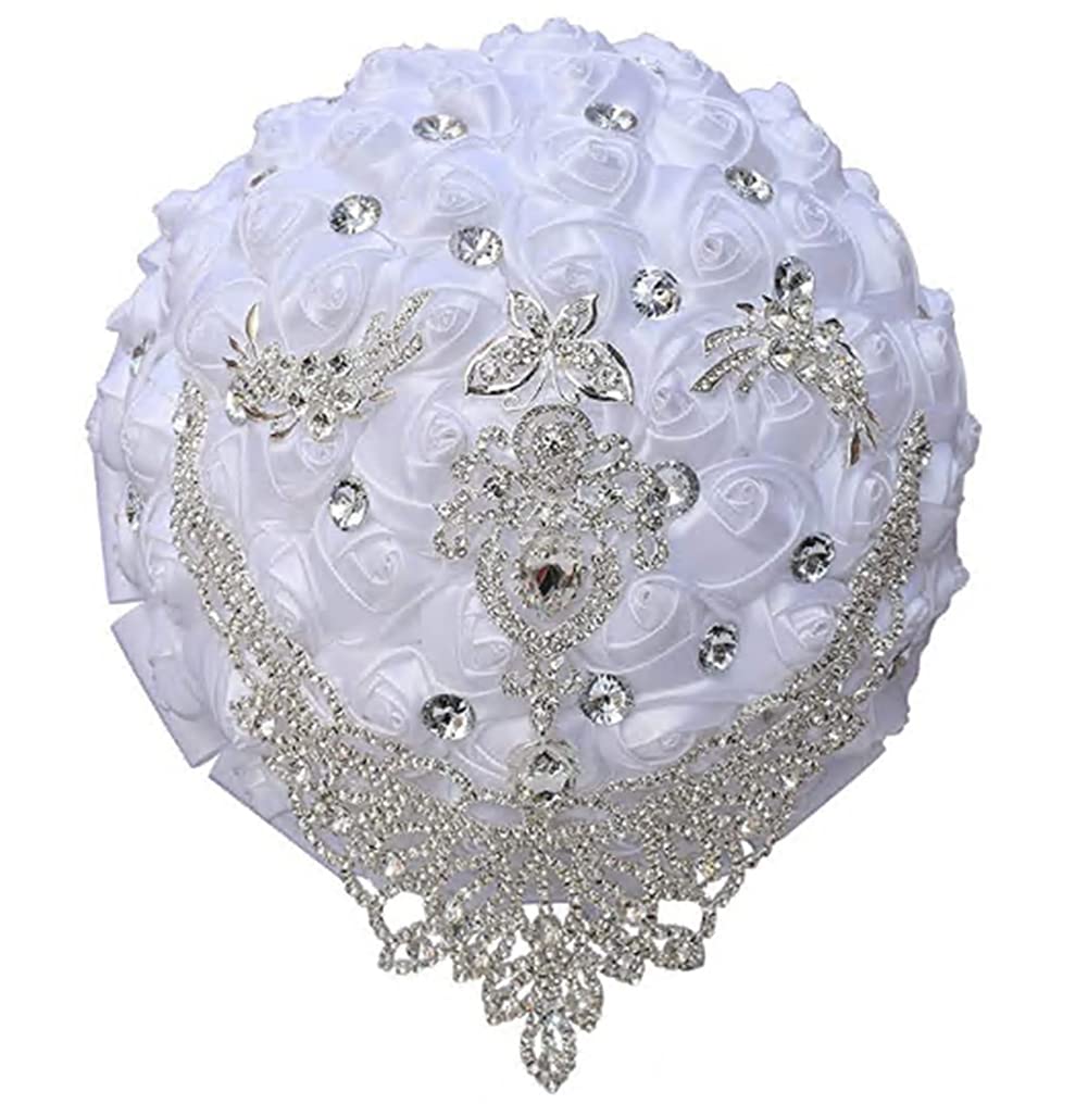Qikegooods White Handmade Luxury Wedding Bridal Bouquet Large Silk Rose Holding Toss Artificial Flowers Bouquets With Satin Ribbon Pearls Rhinestone For Bride Vintage Royal Wedding Bouquet