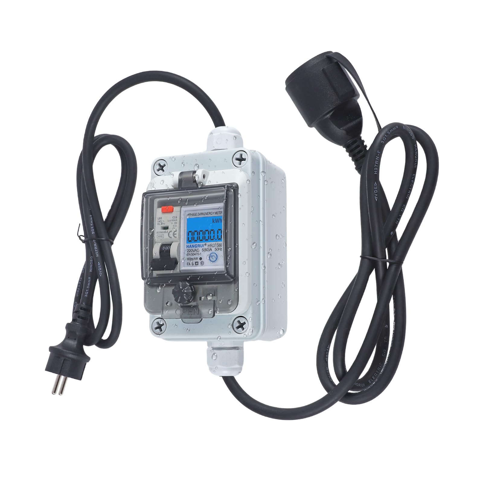 Mobiler Digitaler Stromzähler 230V 60A, Stromzähler für Steckdose mit Typ A fi ls Schutzschalter 16A und Schuko Stecker Ip65, Mobile Outdoor KWH Messgerät für Wohnmobile Elektrofahrzeuge