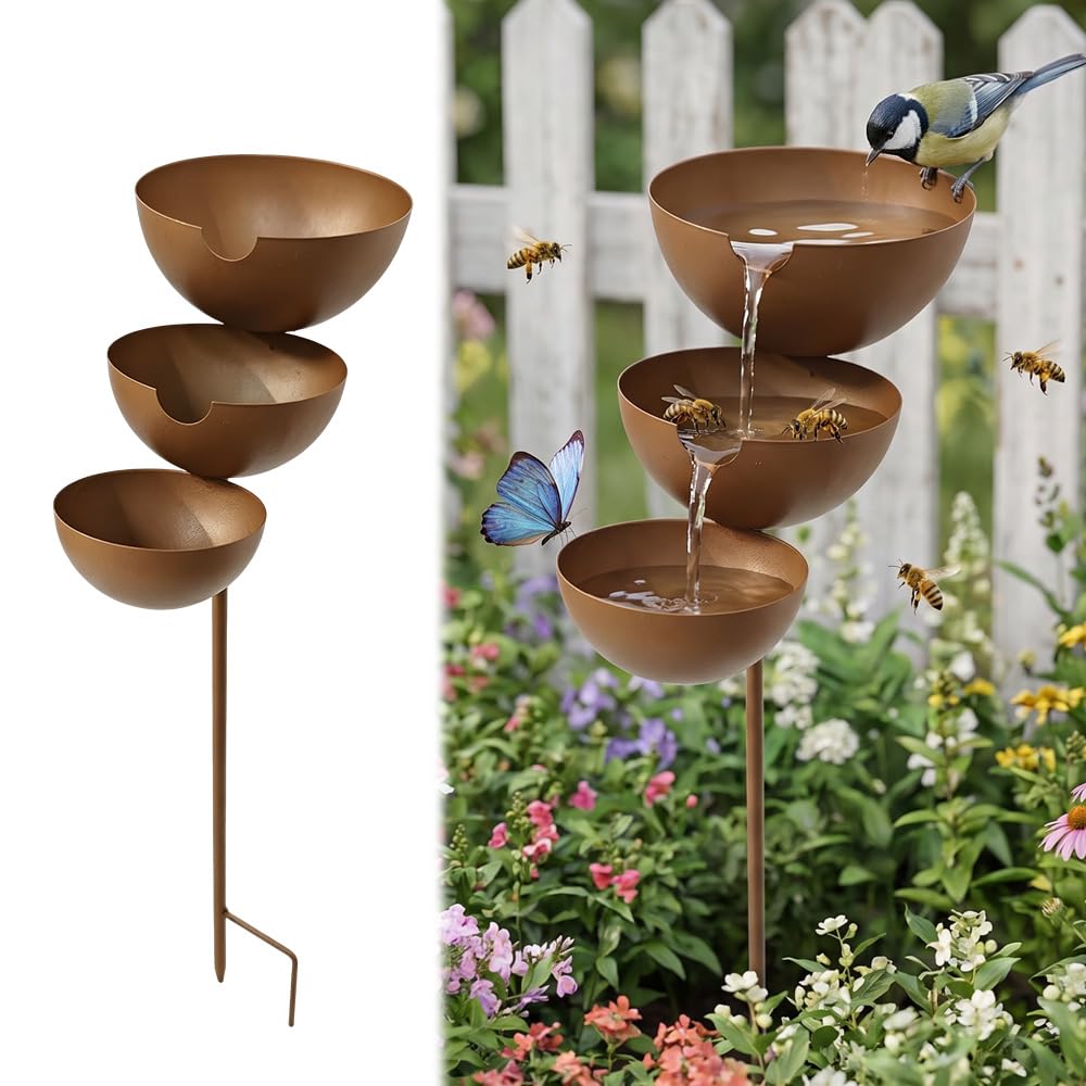 WRQIOO 3-Tiered Rain Catchers for Garden, Height 61cm, Bee Water Station, Bee & Bird Bath Stake, Bird Water Bowl, Be-e Butterfly Drinking Station, Metal Gar-den Ornaments for Outdoor Decor