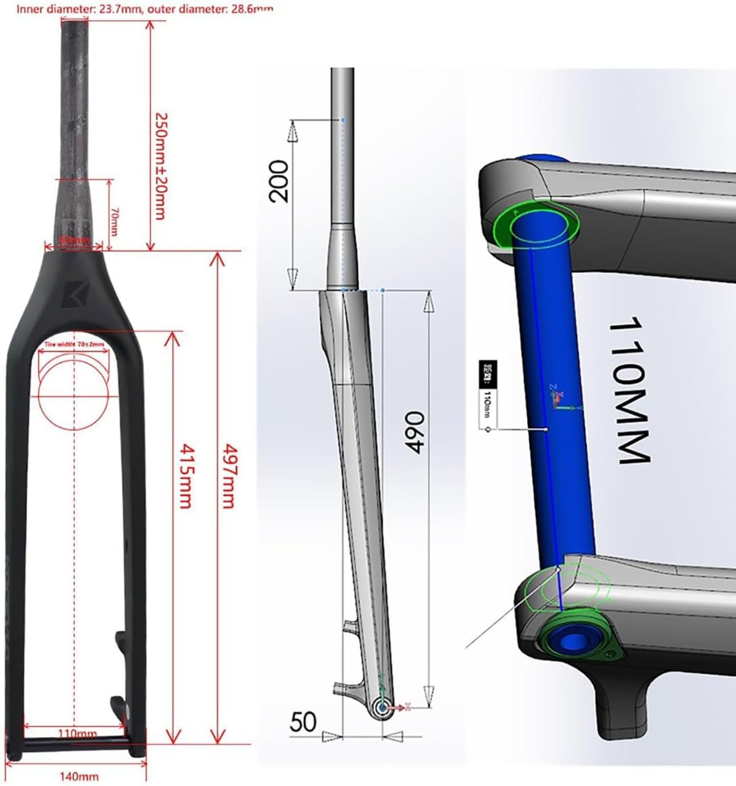Forcella Rigida in Fibra di Carbonio Forcella Rigida MTB 29 '' Tubo Conico 1-1/2 '' Assale Boost Freno a Disco 15X110 mm per Mountain Bike A,29in