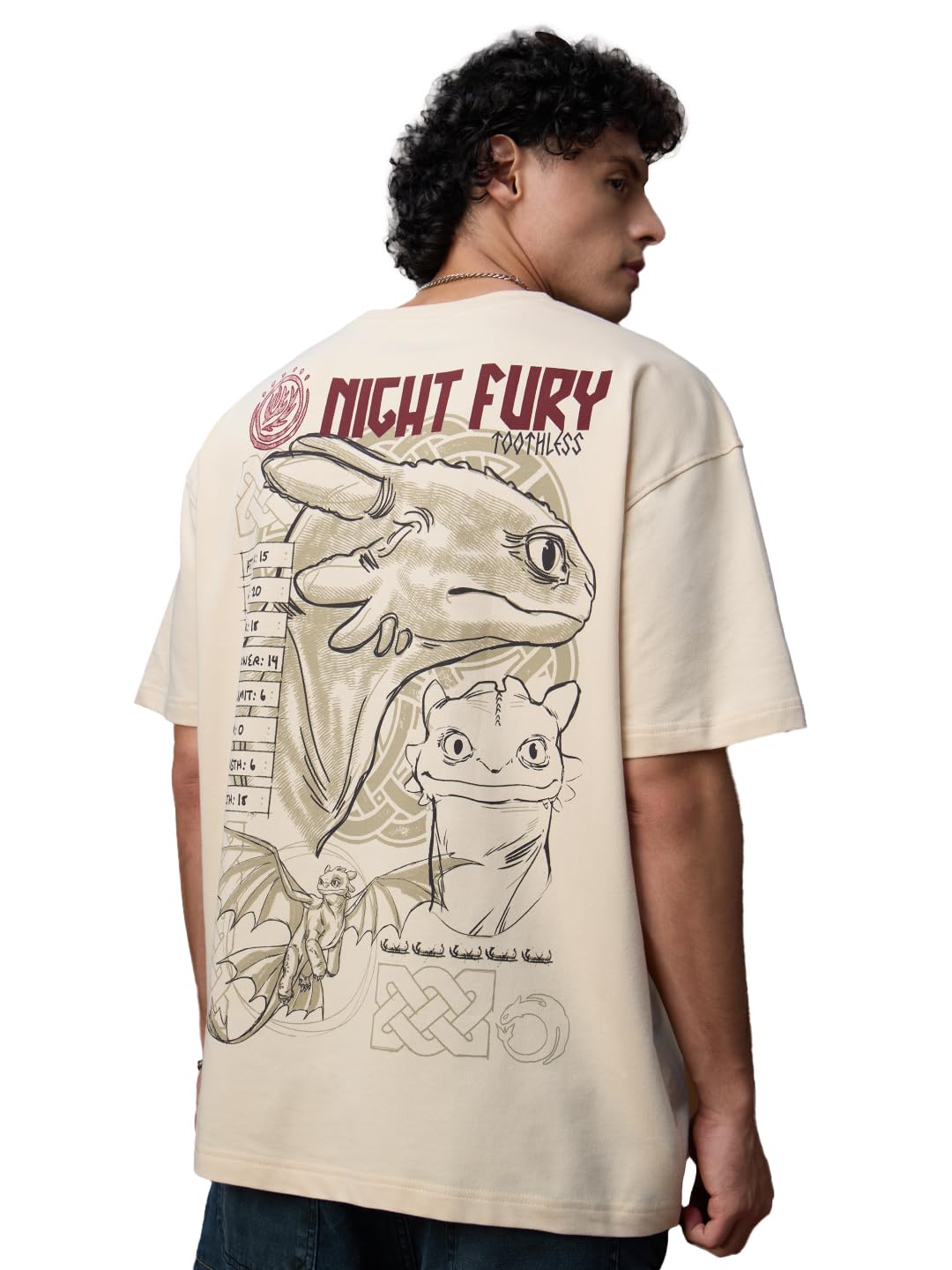 Disney: Night Fury Men and Boys Short Sleeves Round Neck Beige Graphic Printed Cotton Oversized T-Shirts-image-15