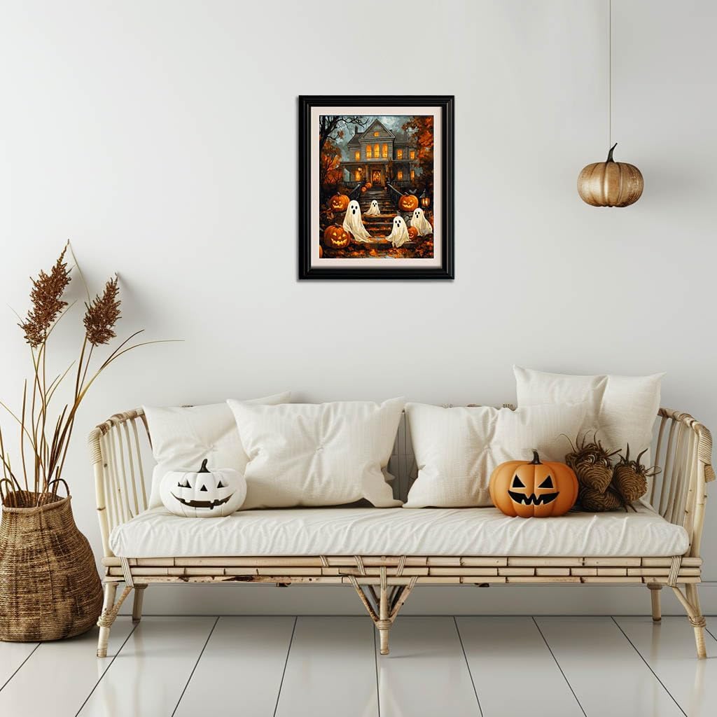 WRTCPOC Pumpkin Ghost Embroidery Kit for Adults,Halloween Castle Stamped Counted Cross Stitch Kits,11CT Embroidery Starter Kit Pattern Needlepoint Kit