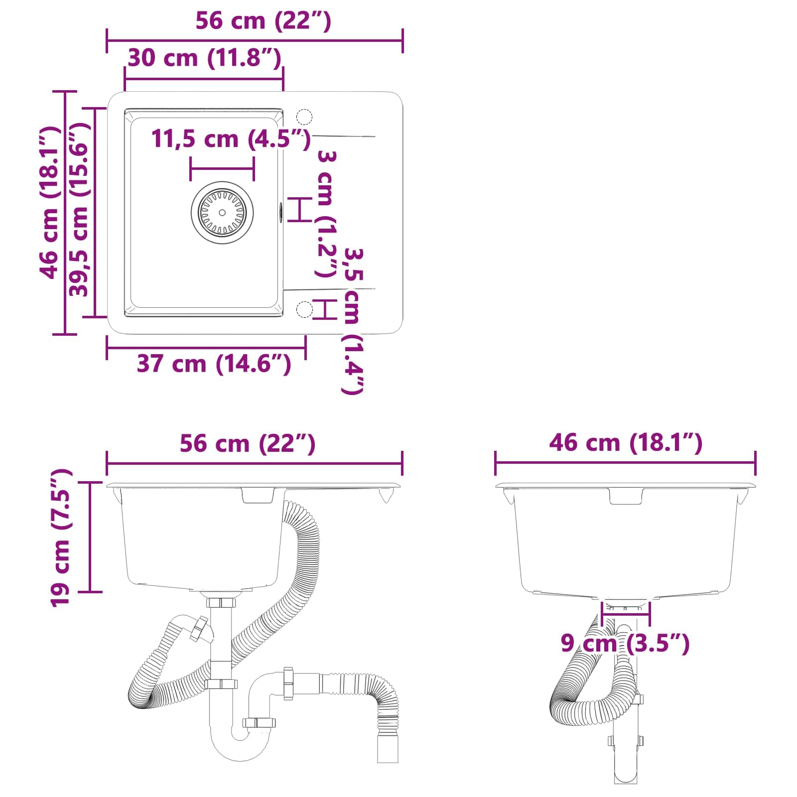 Lavabo gris 560 x 460 mm de 80% cuarzo y 20% resina, fregadero empotrable duradero con escurridor para cocinas modernas, granito resistente, fácil montaje, resistente al calor hasta 280 °C