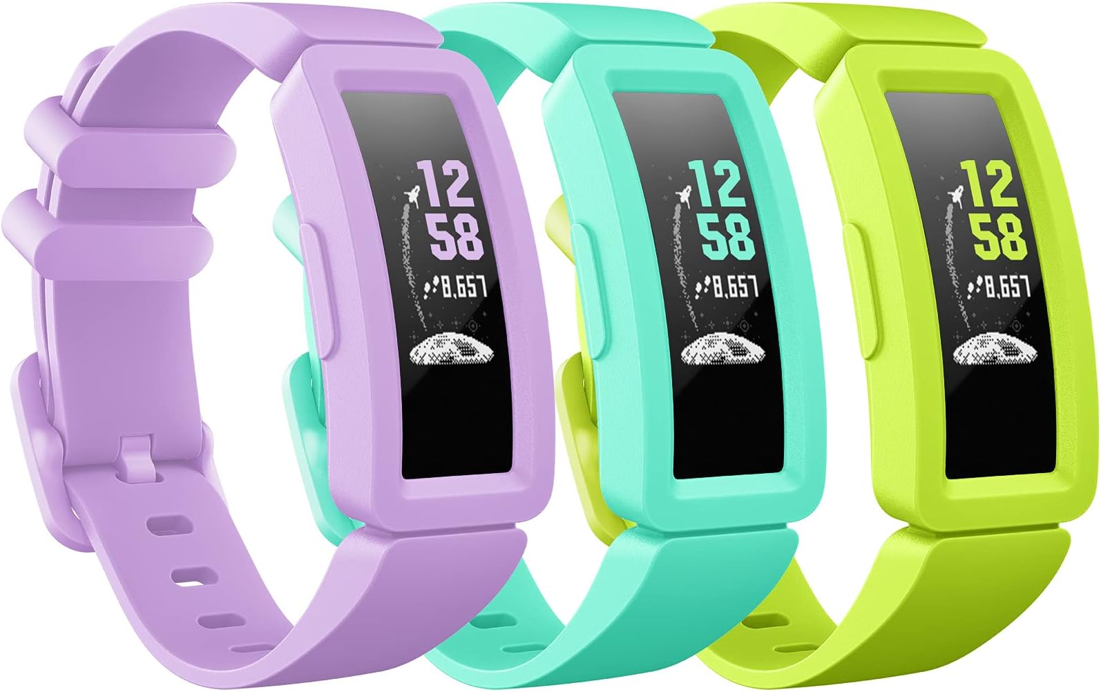 Compatible with Fitbit Ace 2 Bands for Kids 6+, 3-Pack Colorful Silicone Rubber Adjustable Replacement Sport Swim-Friendly Bands for Girls Boys, Lavender+Marine Green+Lime