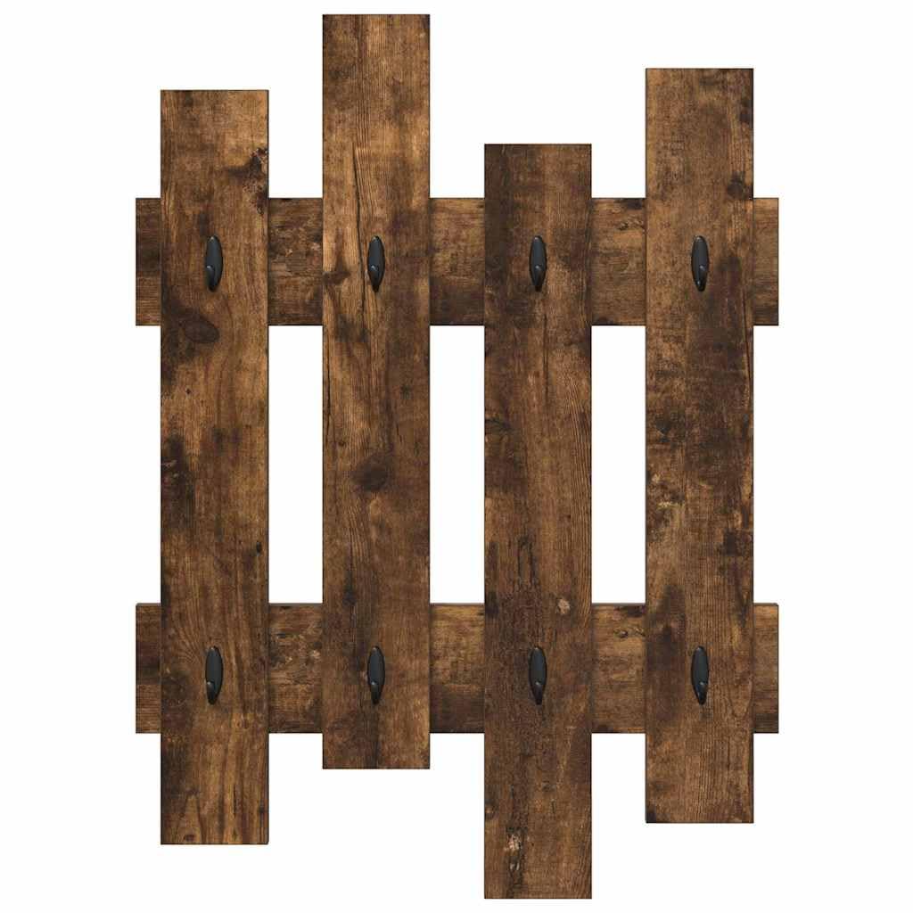 Wandgarderobe aus Holzwerkstoff 60 x 3 x 82 cm Rauch-Eiche mit Haken und Regalen für Flur Eingangsbereich und Wohnzimmer