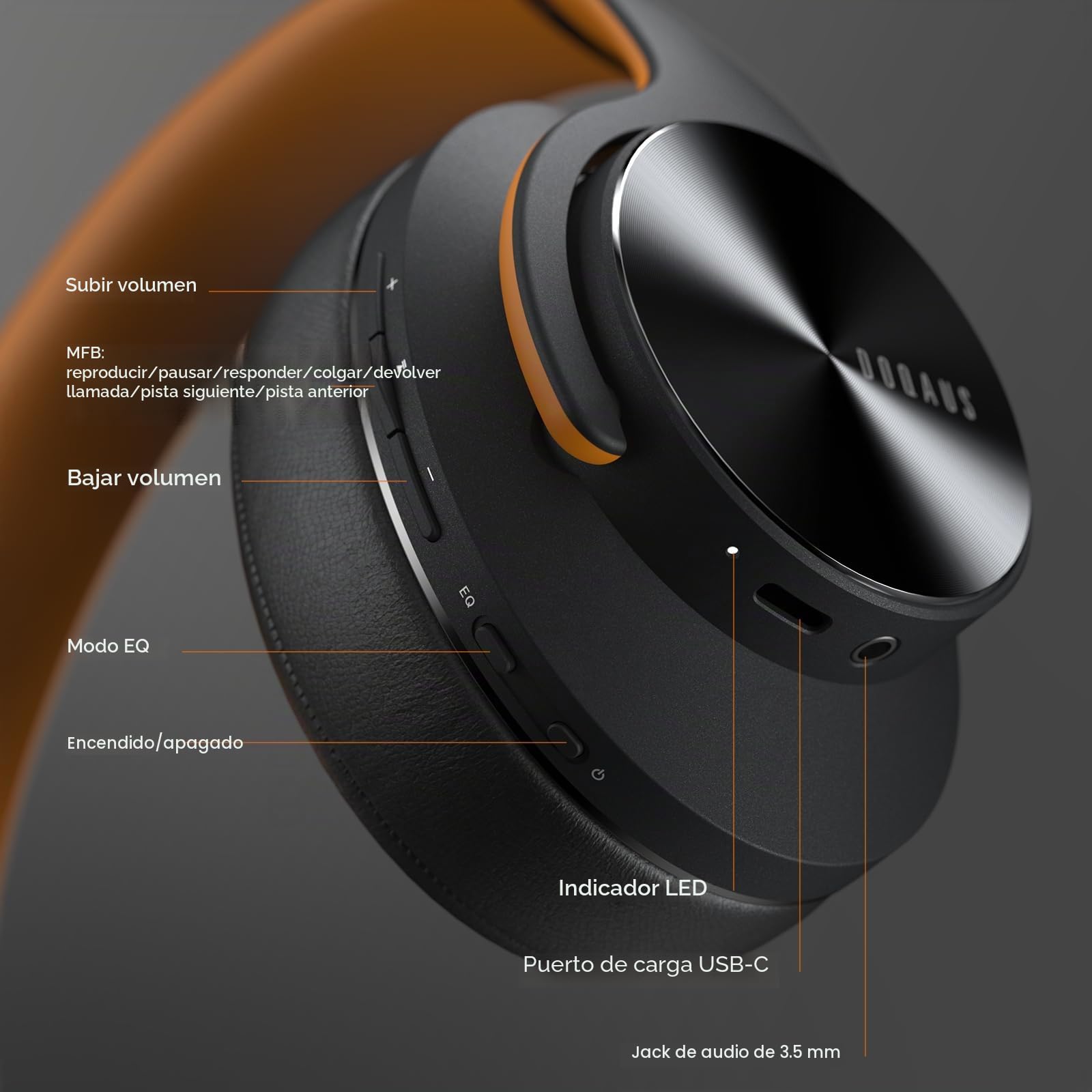 DOQAUS Auriculares Diadema[52 Hrs de Reproducir] Alta fidelidad Estéreo Cascos Inalámbrico Bluetooth con 3 Modo EQ,Micrófono Incorporado y Doble Controlador de 40 mm,para Móviles/PC/TV-Negro Marrón