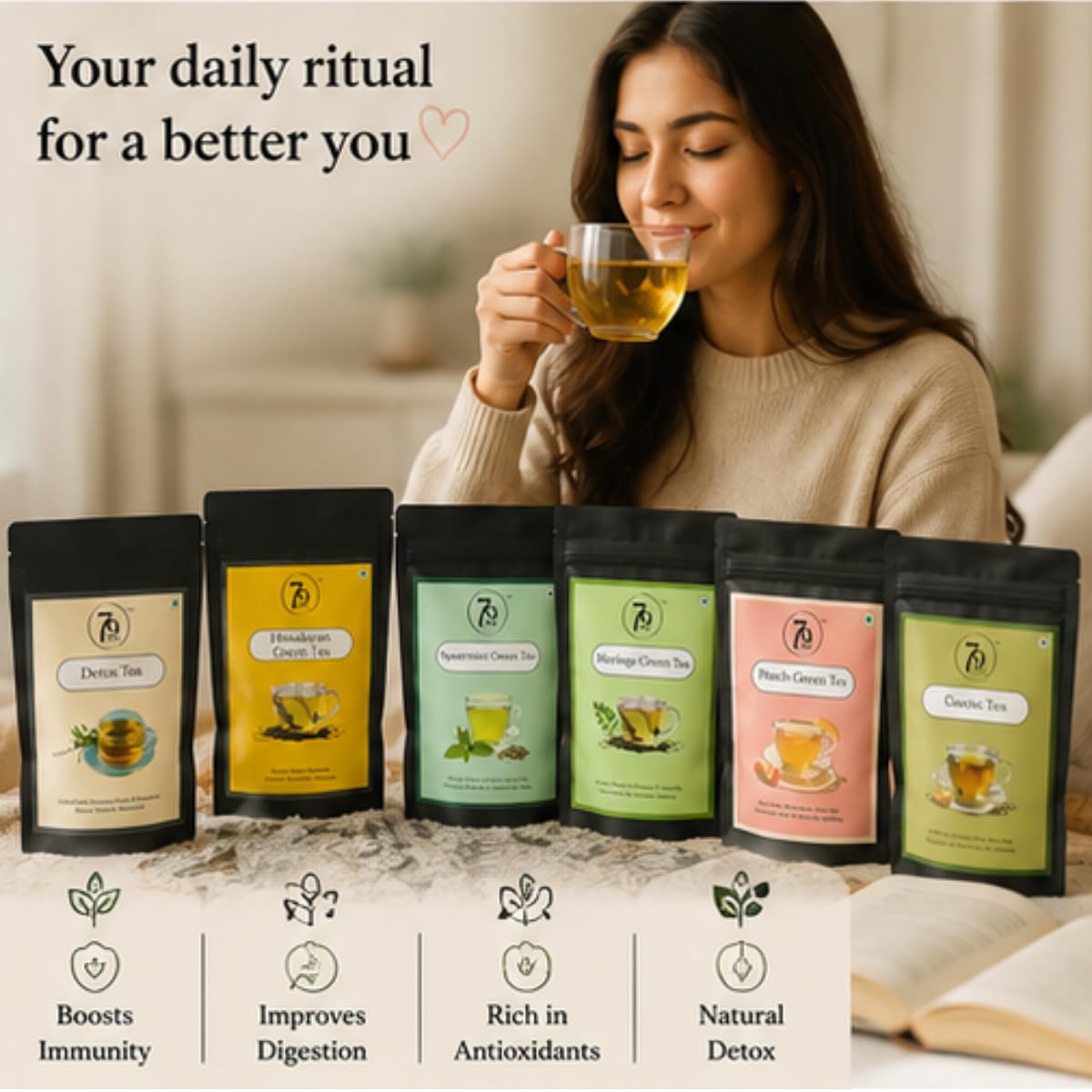 79Degree Green Tea Sampler, 100% Natural 5-Flavor Variety, Loose Leaf Functional Blends for Immunity and Stress Relief, 125 gm 2