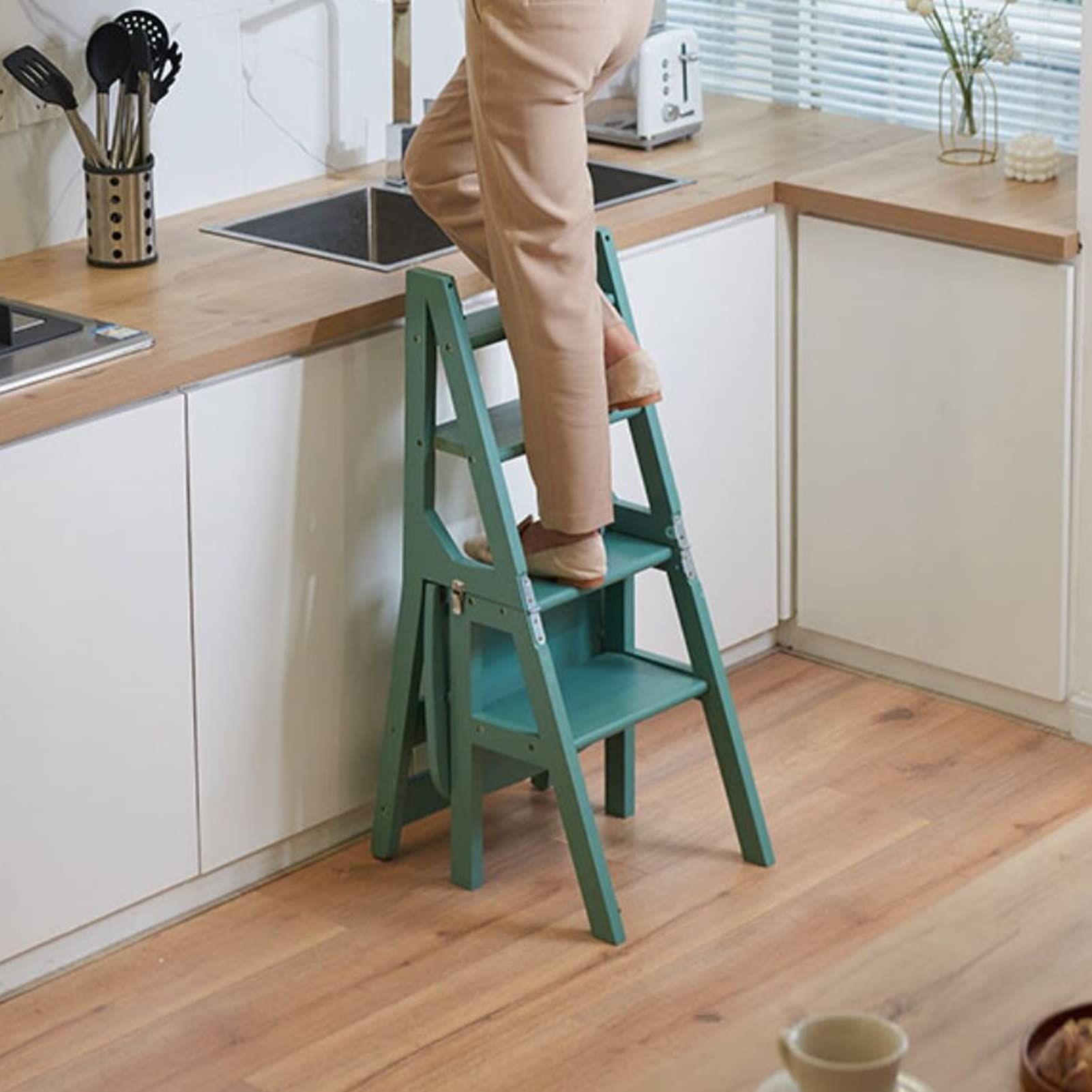 ZGYOZMNG Conversion 4 Step Ladder Chair Wooden Ladder Stool, Wooden Folding Ladder and Chair Combination Multifunction Library Climb Ladder Plant Stand