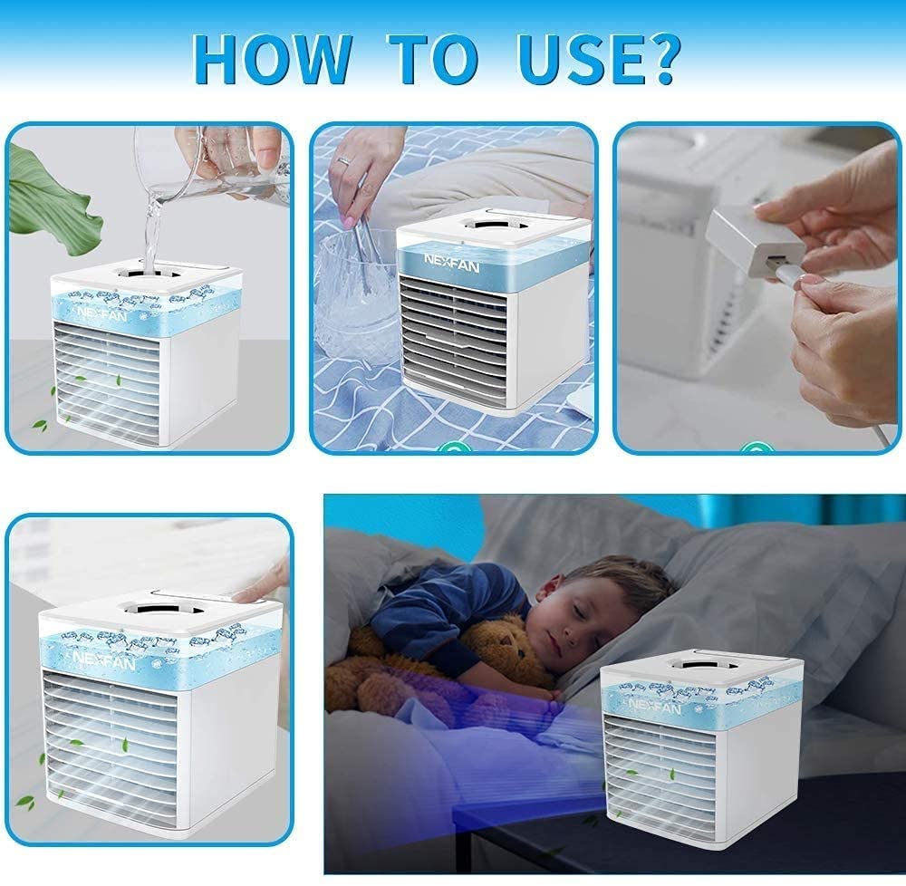 Cichy mini klimatyzator biurkowy wentylator chłodzący do domu, przenośny klimatyzator powietrza, mini klimatyzator przenośny wentylator chłodzący parowo USB z 7 kolorami światła LE