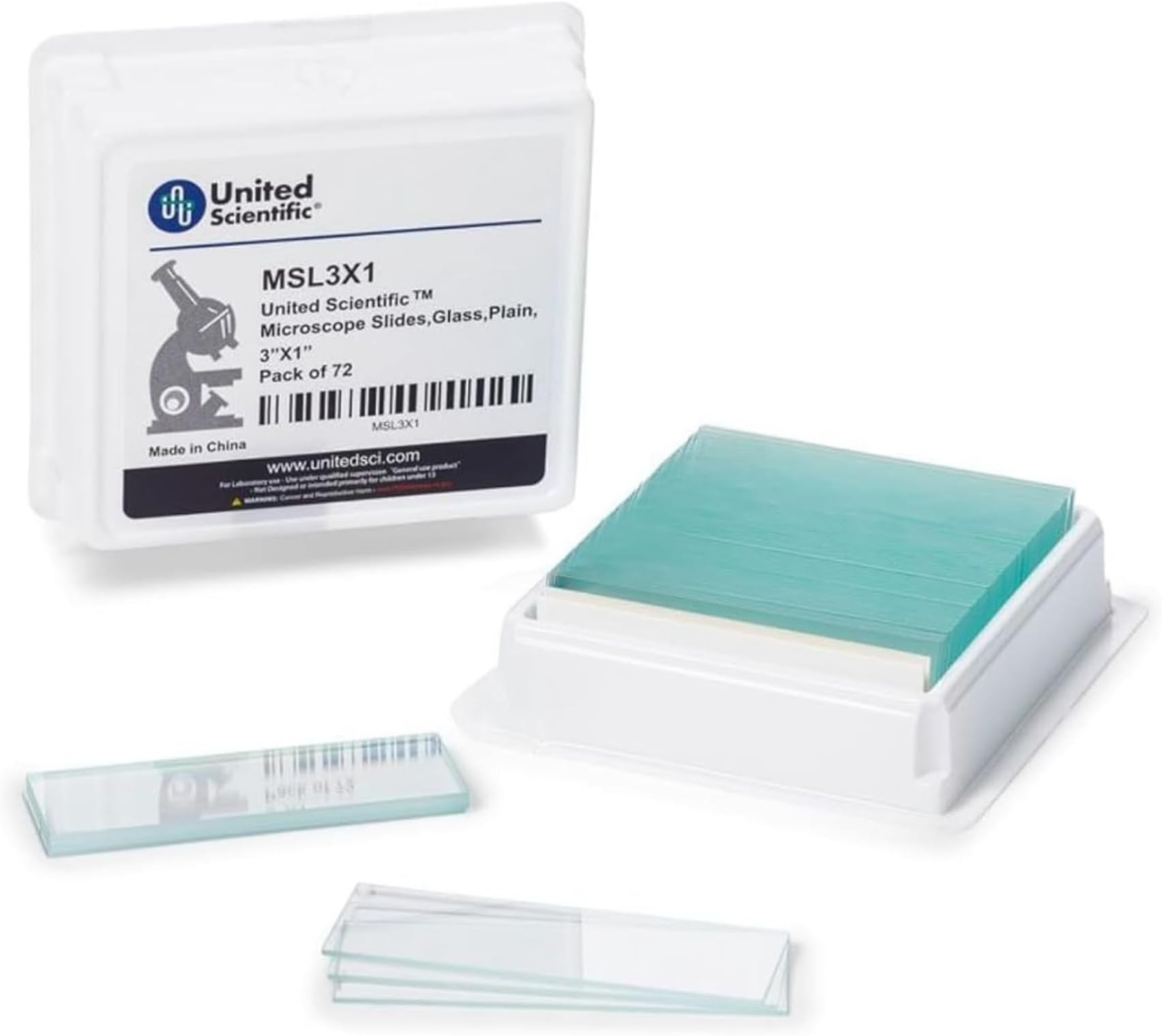 United Scientific™ Microscope Slides, Pre-Cleaned Glass 3"x1", 72 Pack | Ground edges, Ready-to-use surface, 1mm to 1.2mm thickness, Secure packaging, Glass slides for microscope