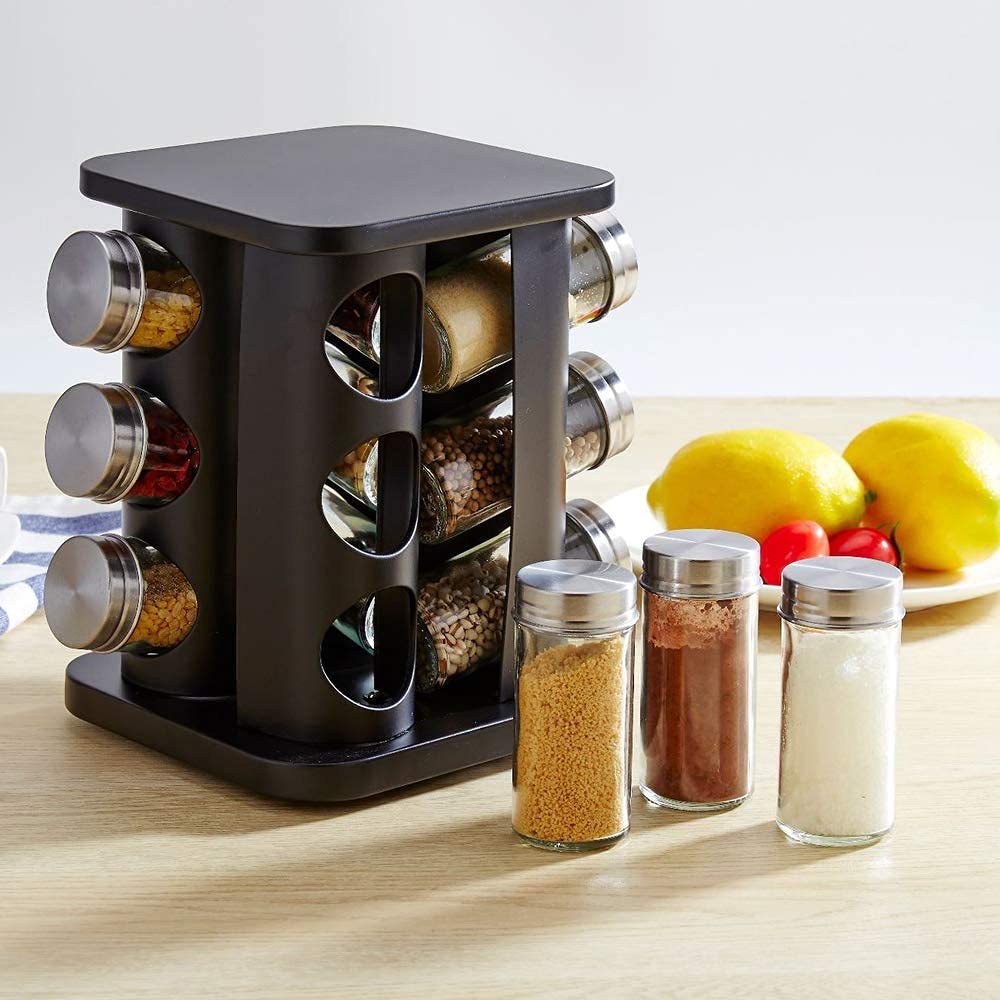 Étagère à épices rotative en acier inoxydable pour 12 pots - Organiseur de comptoir carré - Tour de rangement pour assaisonnements - Pour cuisine - Noir