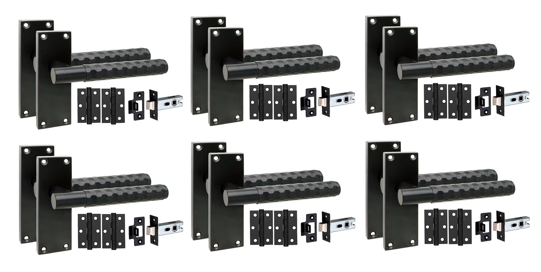 Golden Grace 6 Pairs Victorian Knurled Hex Cut Door Handle Matt Black With 2.5" Latch & Hinges120mm X 40mm from B&Q