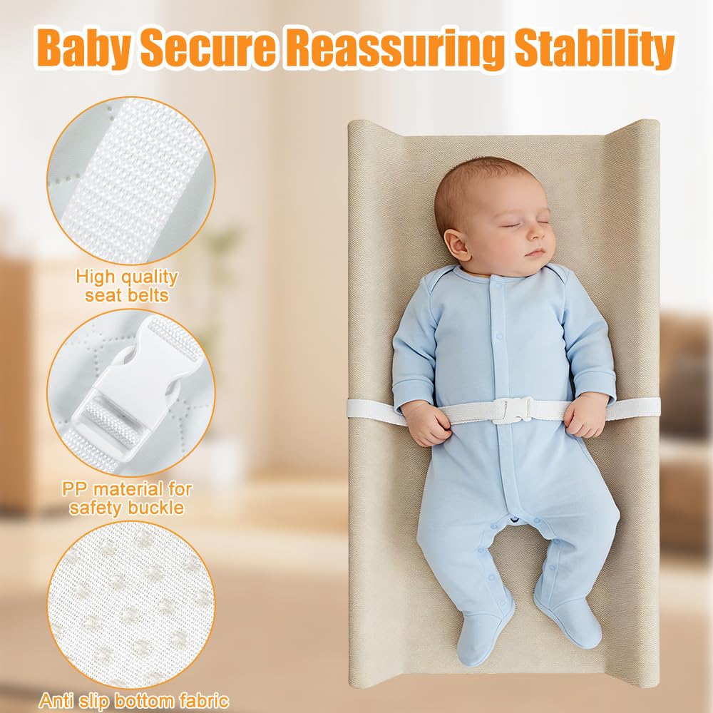 Matelas à langer pour bébé, avec sangle de sécurité, côtés incurvés et bords surélevés, pour commode et table