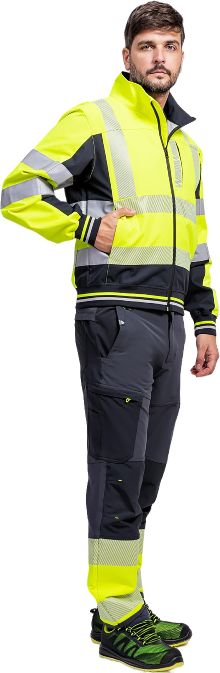 WORKTEAM Cazadora Softshell Alta Visibilidad, Chaqueta Ligera con Cintas Reflectantes Segmentadas, Interior Técnico Transpirable, Puños y Bajo Elásticos, Ropa Laboral Unisex