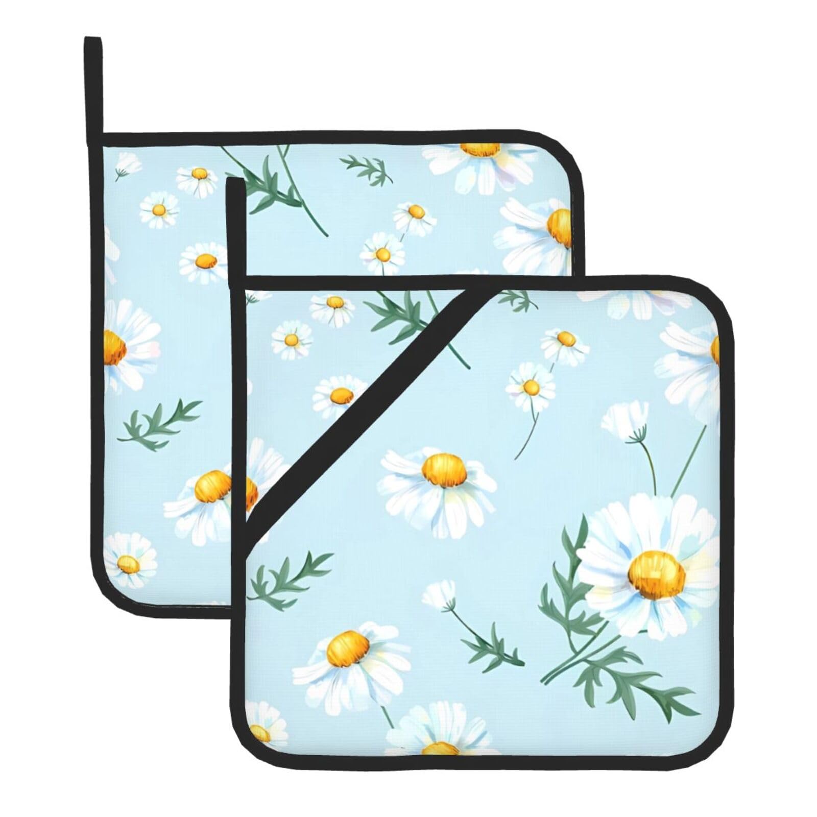 WHJSSF Daisy Prints Square Hot Pads for Kitchen Counter - Waterproof Trivets with Hanging Loop, Thick Pot Covers for Serving, Oven & BBQ - Set of 2 (1 with Pocket)