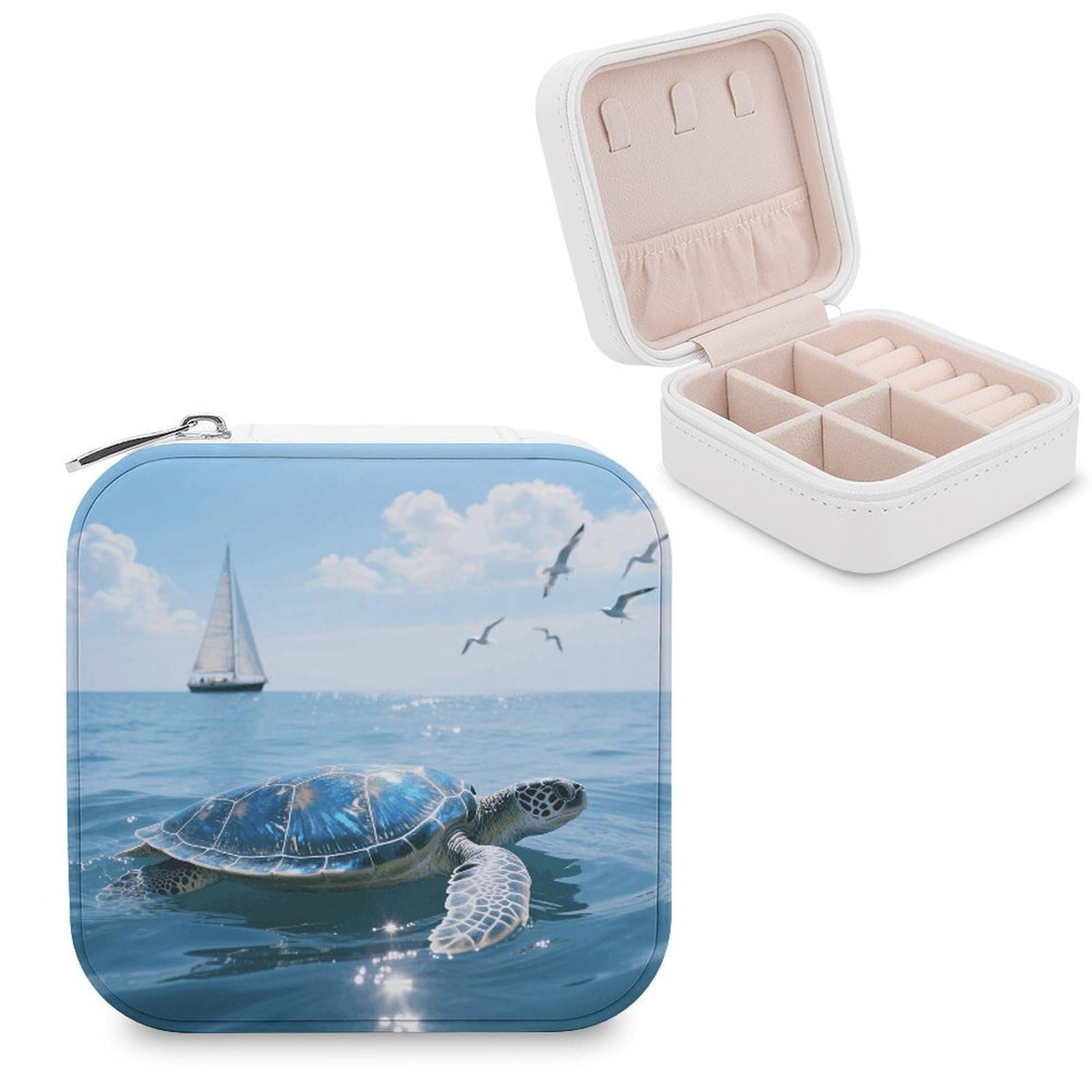 VstaDank Sea Turtle Jewelry Box for Women Jewelry Organizer Storage Case with Zipper Mini Travel Jewelry Case Cute Trinket Organizer Leather Portable Jewelry Storage Box