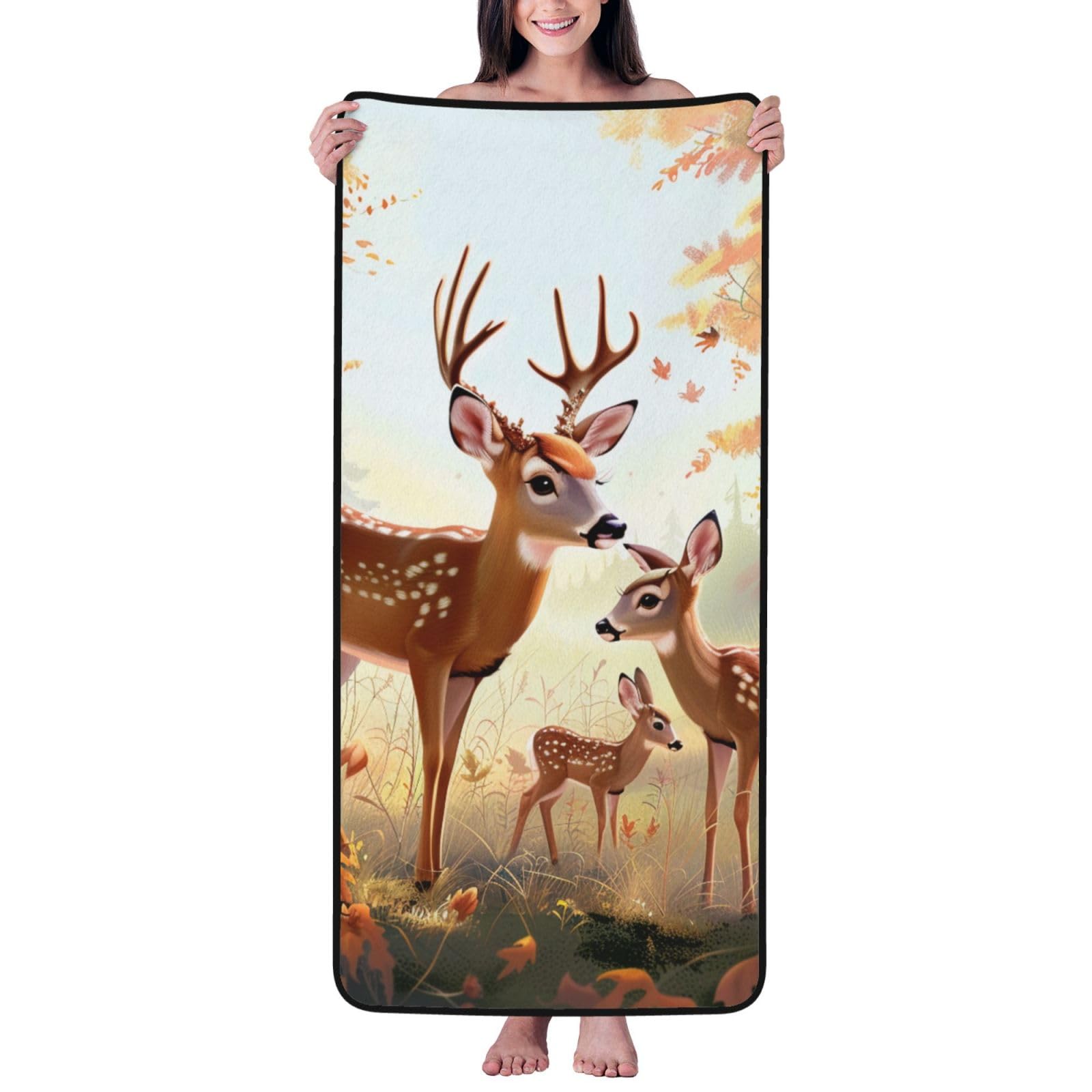 WPKJU Cute Deers Printed Bath Towel with Black Edging - 27x55 in Soft Extra Absorbent Coral Velvet Shower Towels for Bathroom