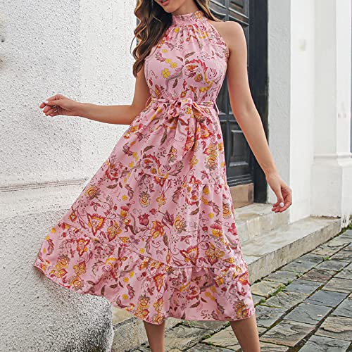 Halter Dresses For Women Summer Casual Vintage Boho Floral Print Sleeveless Mock Crew Neck Maxi Tiered Dress With Strappy #TOP5