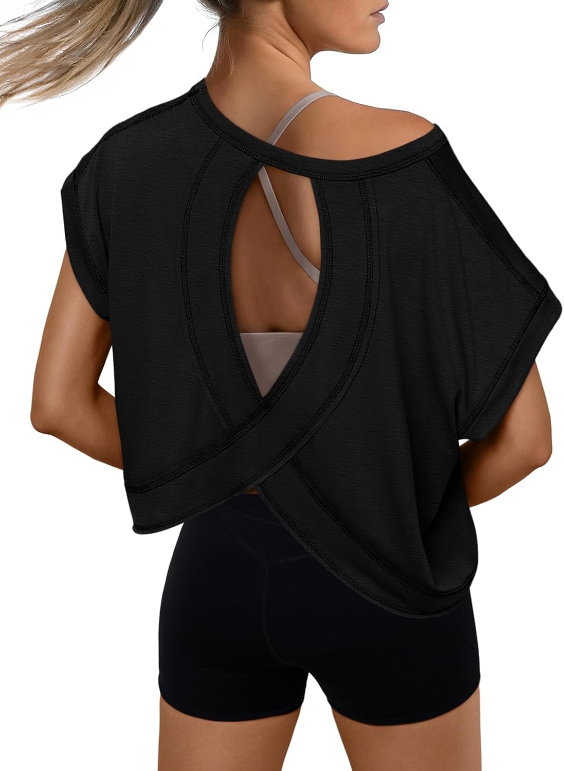 AUTOMET Womens Open Back Workout Crop Tops 2026 Summer Backless Cute Short Sleeve Athletic Shirts Oversized Gym Yoga Tee