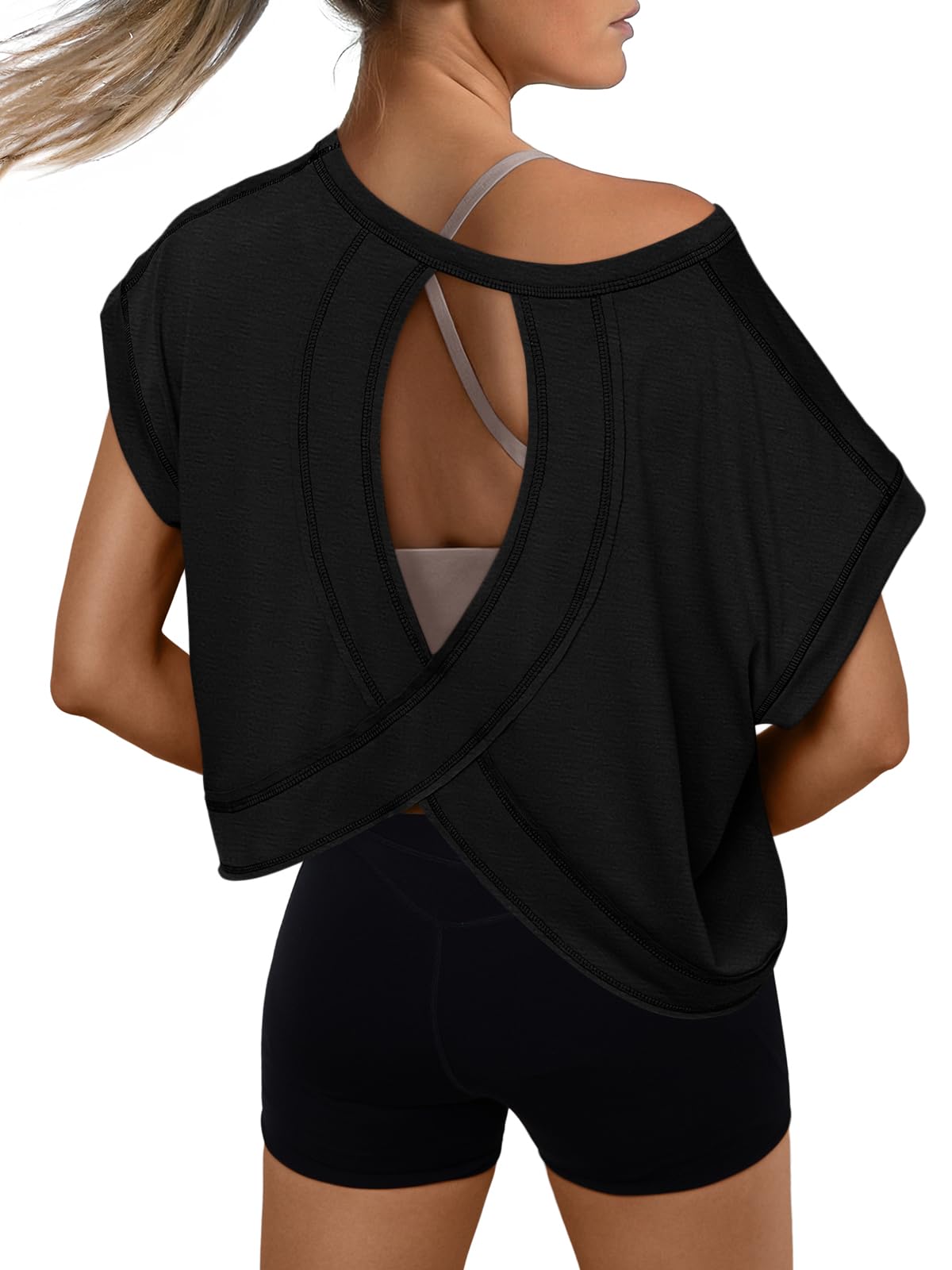 Womens Open Back Workout Crop Tops 2026 Summer Backless Cute Short Sleeve Athletic Shirts Oversized Gym Yoga Tee