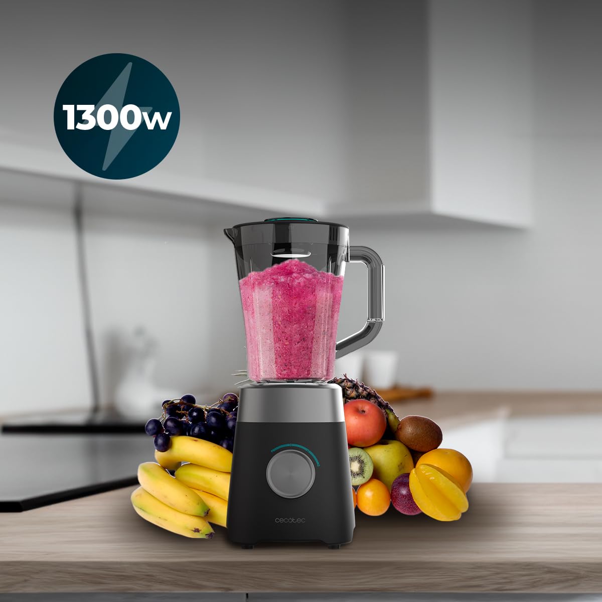 Cecotec Blender Power Black Titanium 1300MAX B. Puissance maximale de 1300 W, 20000 RPM, Lames en titane à 4 feuilles, Carafe de 1,5 L, 2 vitesses, Fonction Pulse, Broie la glace facilement, Noir