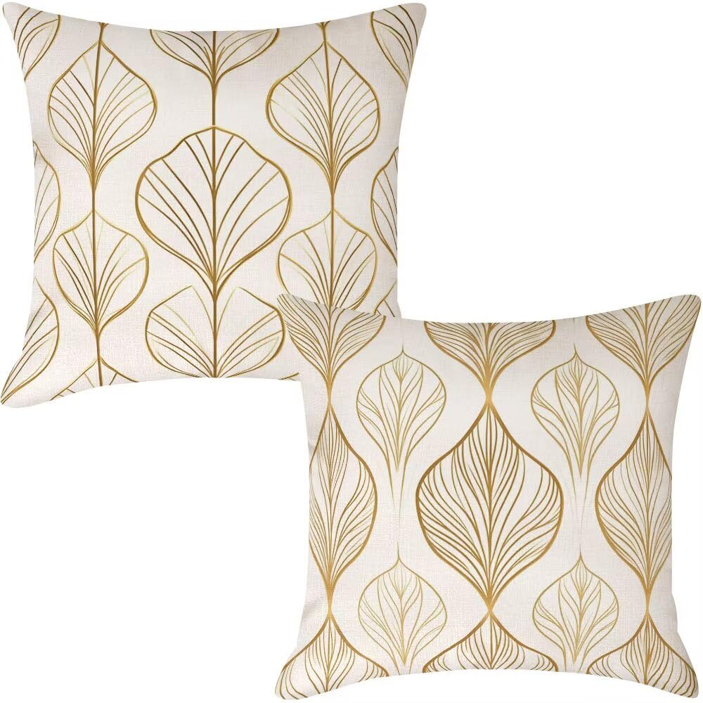 Outdoor Cushion Covers 30cm x 30cm Gold Garden Cushions Waterproof Abstract Throw Pillow Cases Set of 2 Leaves Cushion Cover Linen Sofa Cushions Decorative Throw Pillows for Garden Patio (IU228)