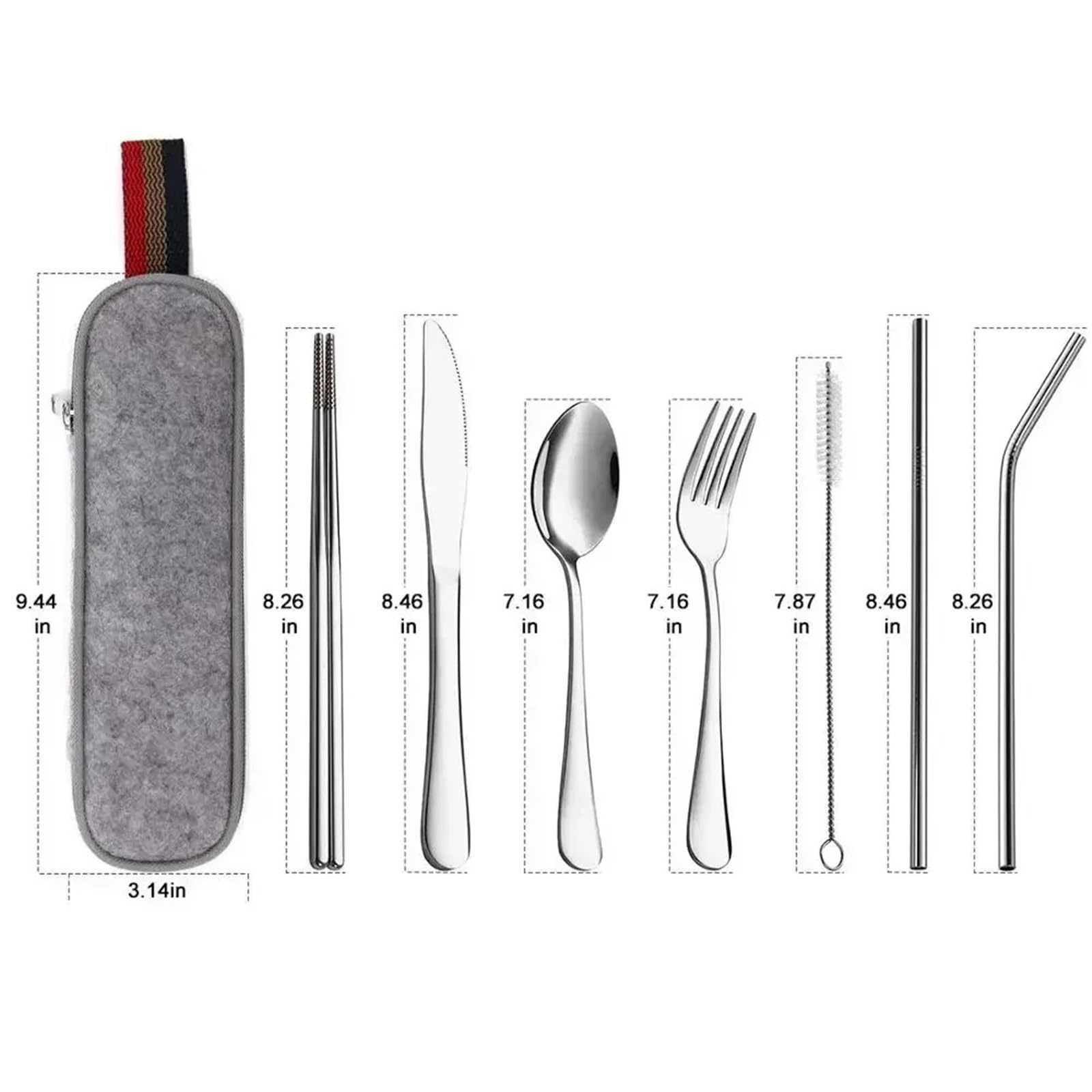 Juego de Cubiertos Juego de cubiertos viaje reutilizables, vajilla, utensilios campamento, cuchara, tenedor, palillos y pajita acero inoxidable, estuche portátil(Silver)
