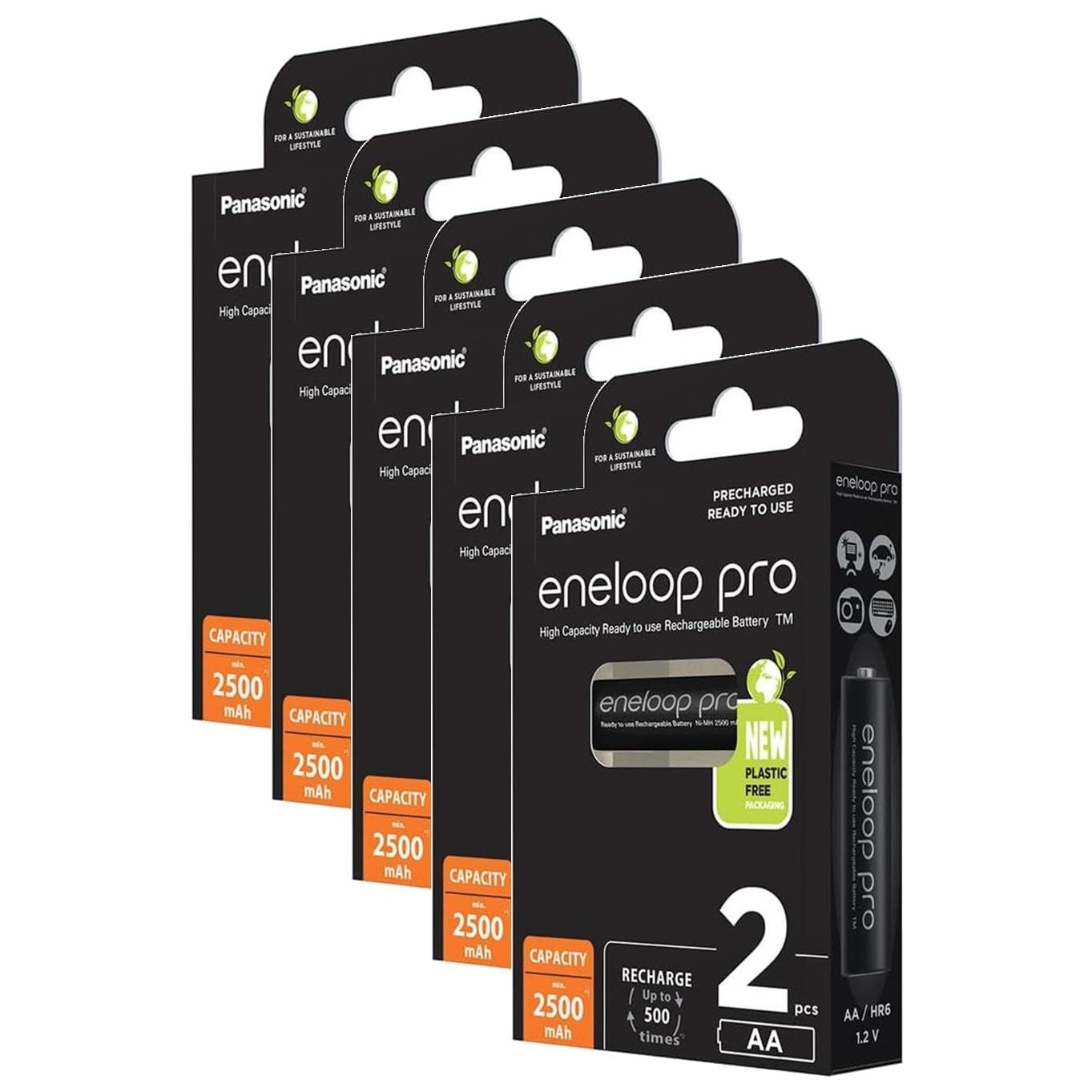 Eneloop Pro - Lote de 5 pilas recargables (2500 mAh, AA Ni-MH, 2 unidades)