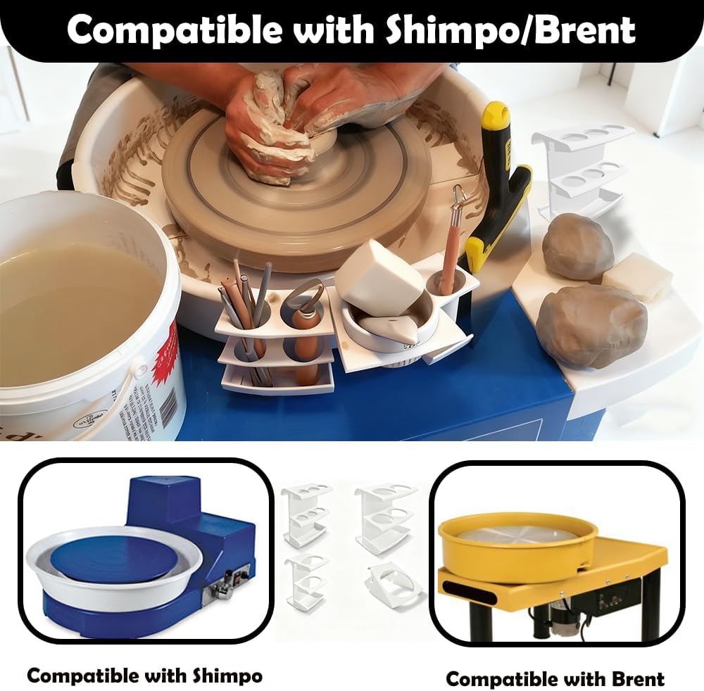 Agamino Pottery Wheel Tool Holder Set – 4-Piece Hook-On Organizer, Pottery Tool Box Compatible with Brent/Shimpo Wheel, Heavy Duty Tool Stand for Multiple Sizes Brushes & Tools